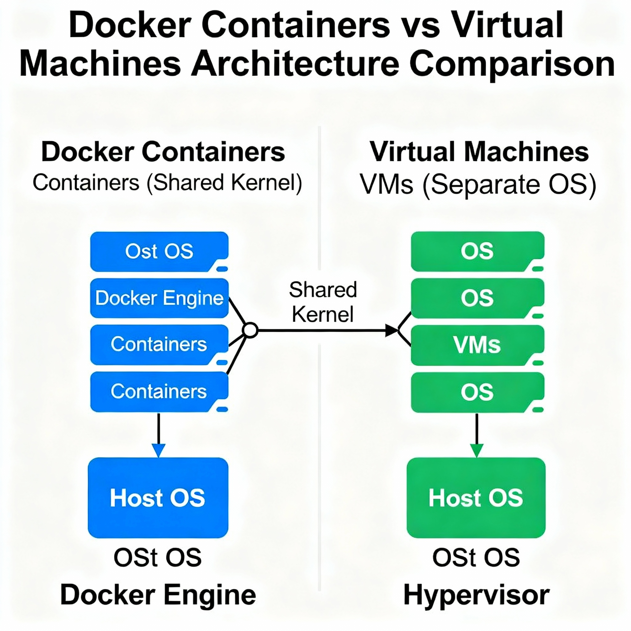 Visual comparison of container architecture (left) versus VM architecture (right)