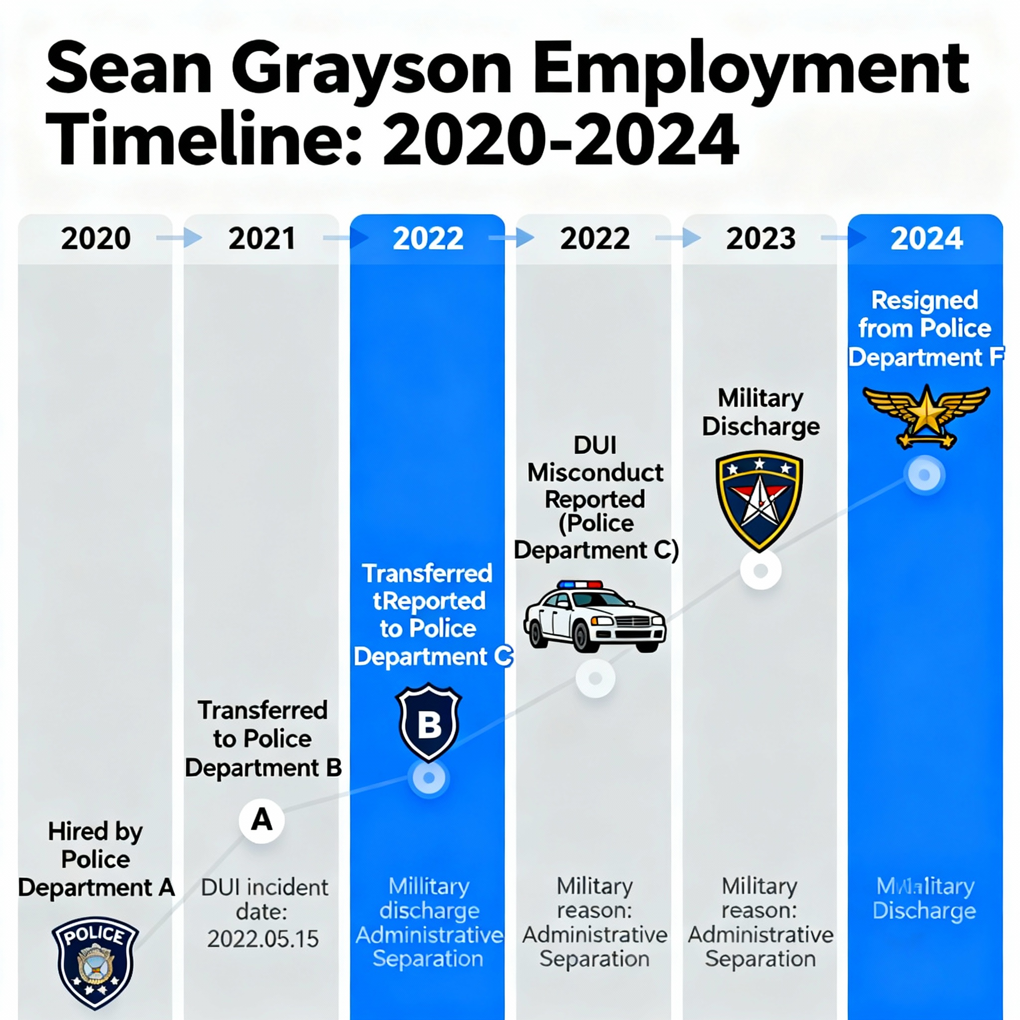 Timeline showing Sean Grayson's employment history across six Illinois police departments