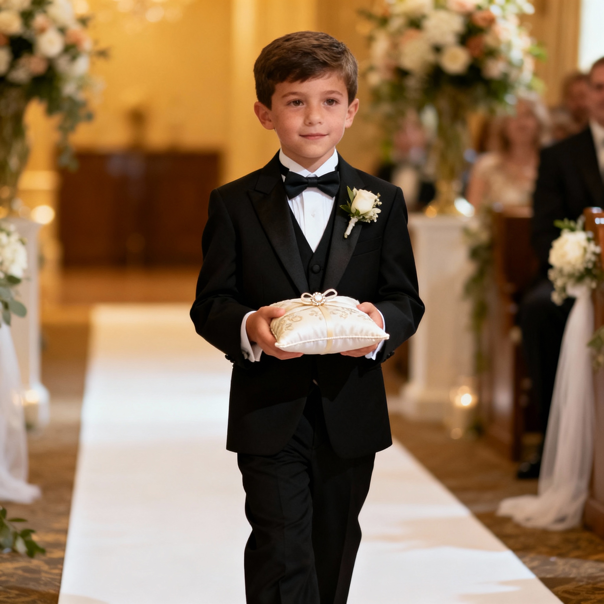 Young boy ring bearer in traditional three-piece black tuxedo suit