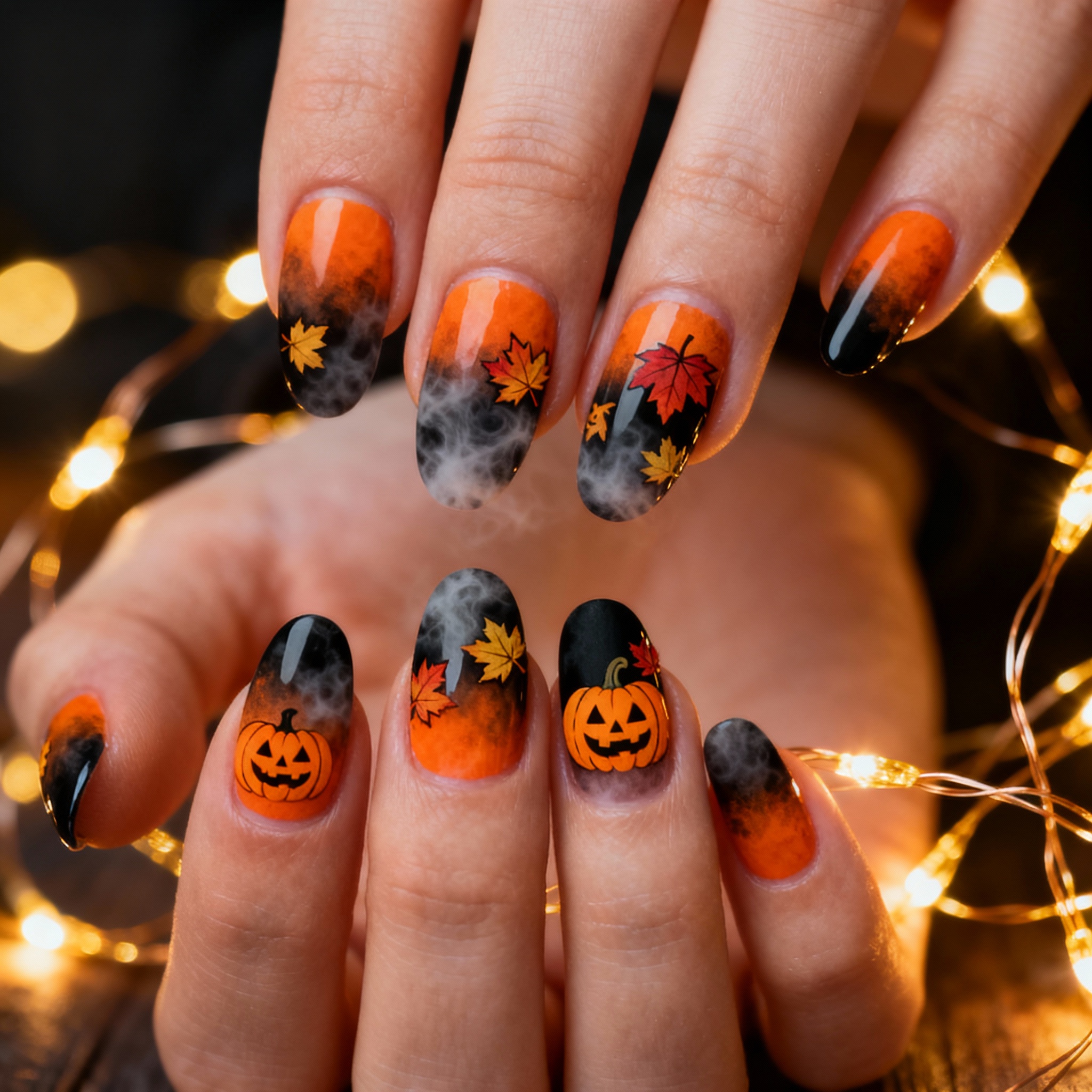 Halloween aura gradient nails with warm autumn ambiance