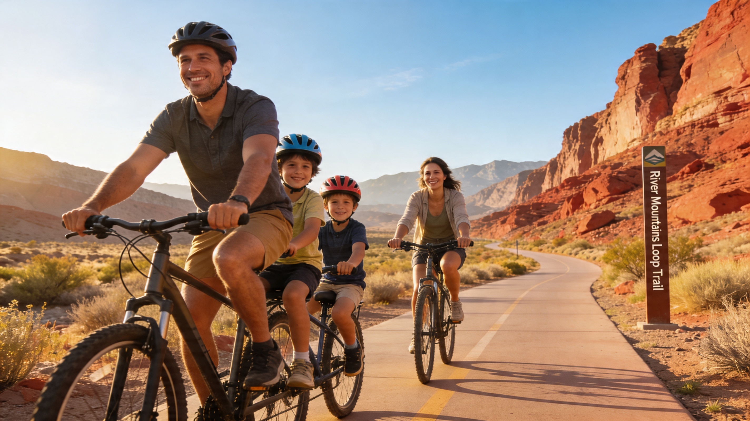 A family of four cycling together on a paved desert trail in Henderson, Nevada with red rock canyon formations and clear blue sky — capturing Henderson's year-round outdoor recreation lifestyle