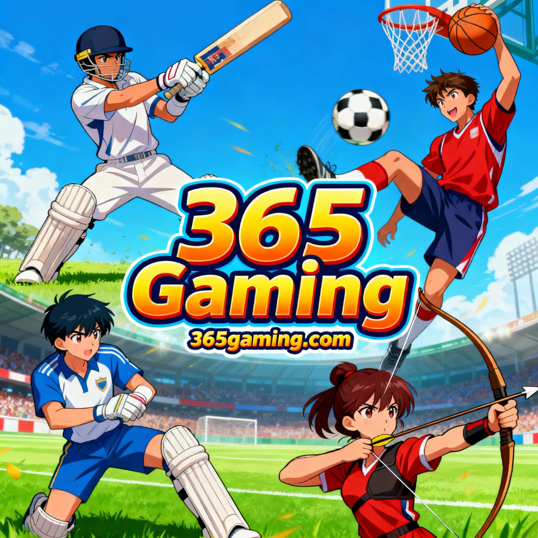 Anime poster for 365 Gaming with bold unique domain name font and sports anime characters.