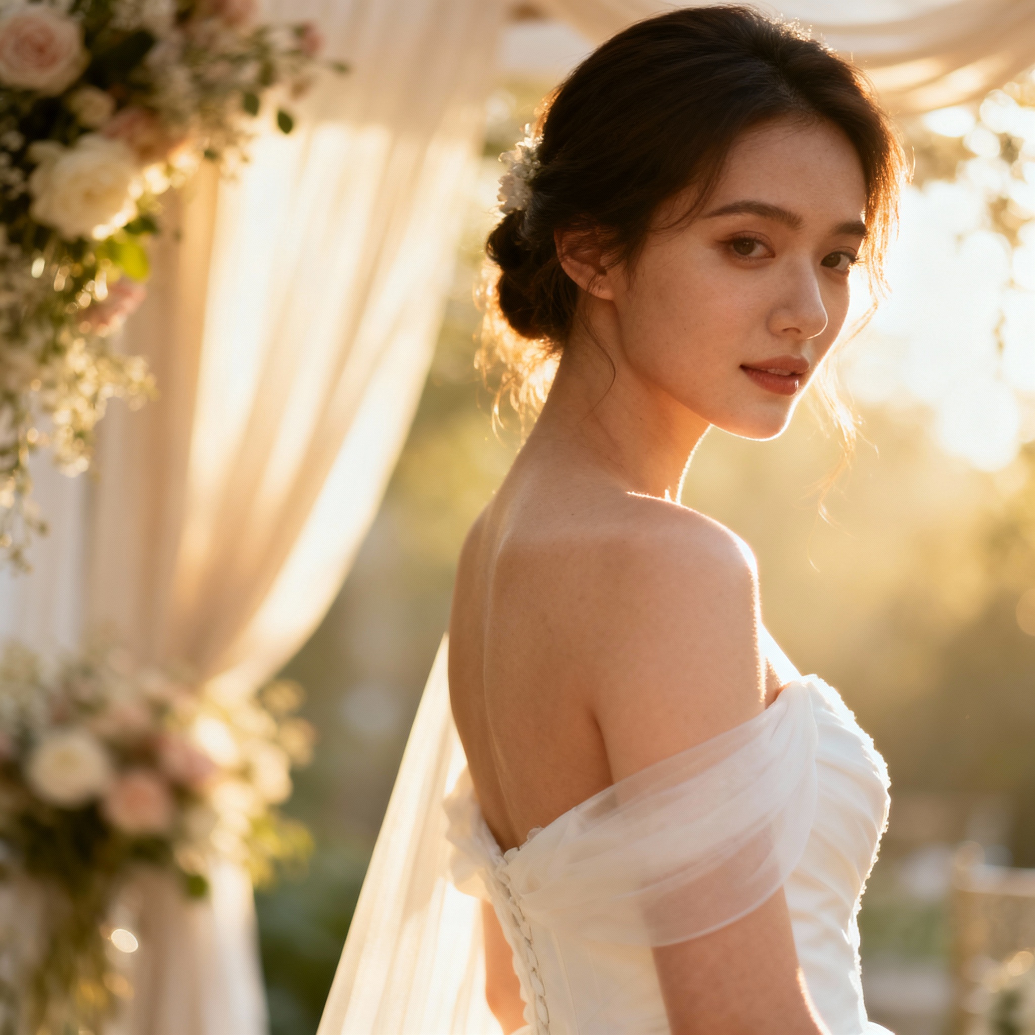 Bride with glowing skin in natural daylight, elegant bridal portrait