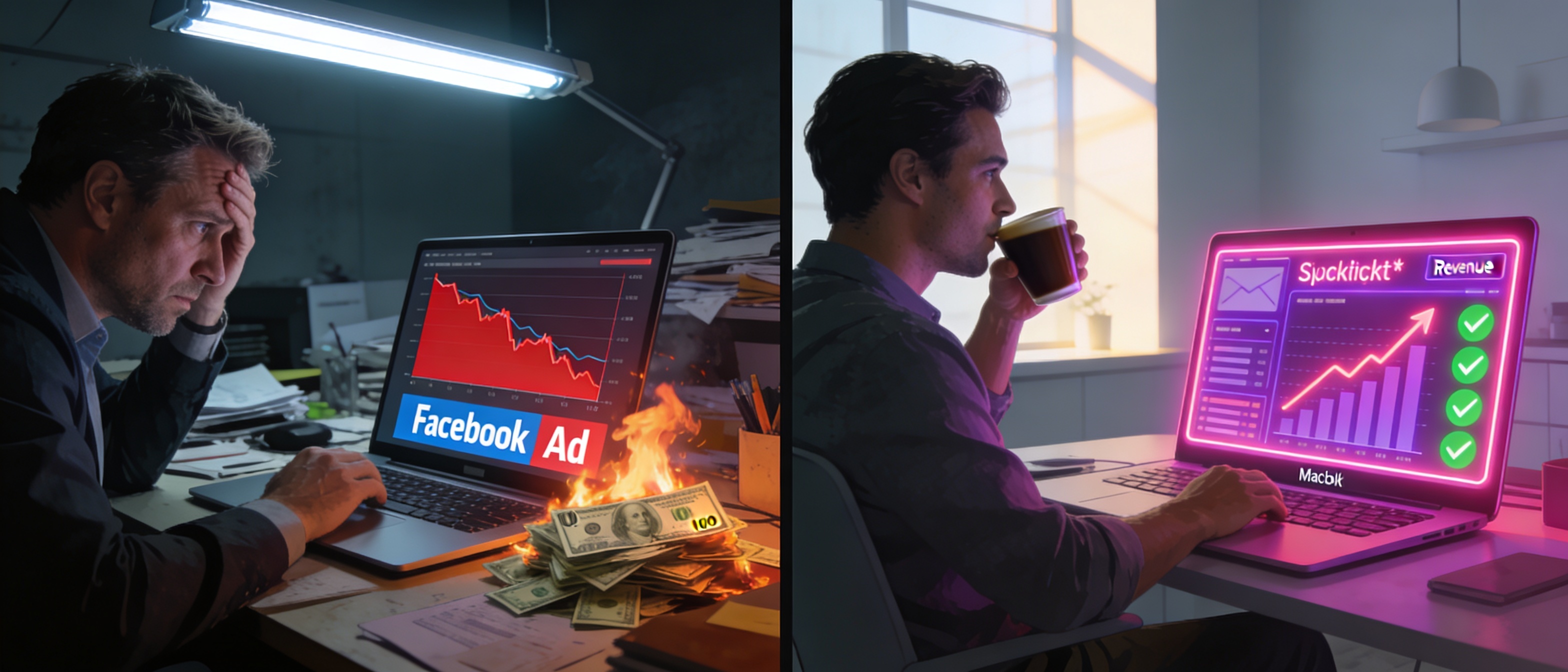 Split screen: Stressed American business owner drowning in Facebook ad costs vs. calm entrepreneur with automated AI email revenue dashboard showing explosive daily sales on autopilot