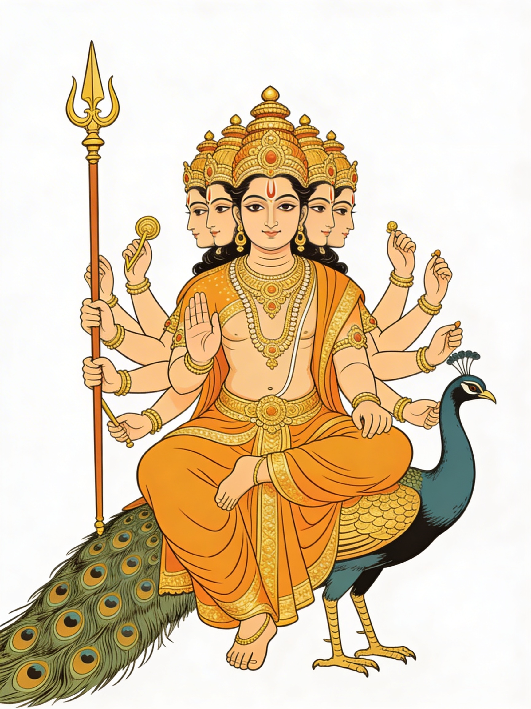 Lord Murugan six-faced, twelve-armed, seated on the peacock with the Vel spear, illustrated in the style of traditional Tamil devotional art