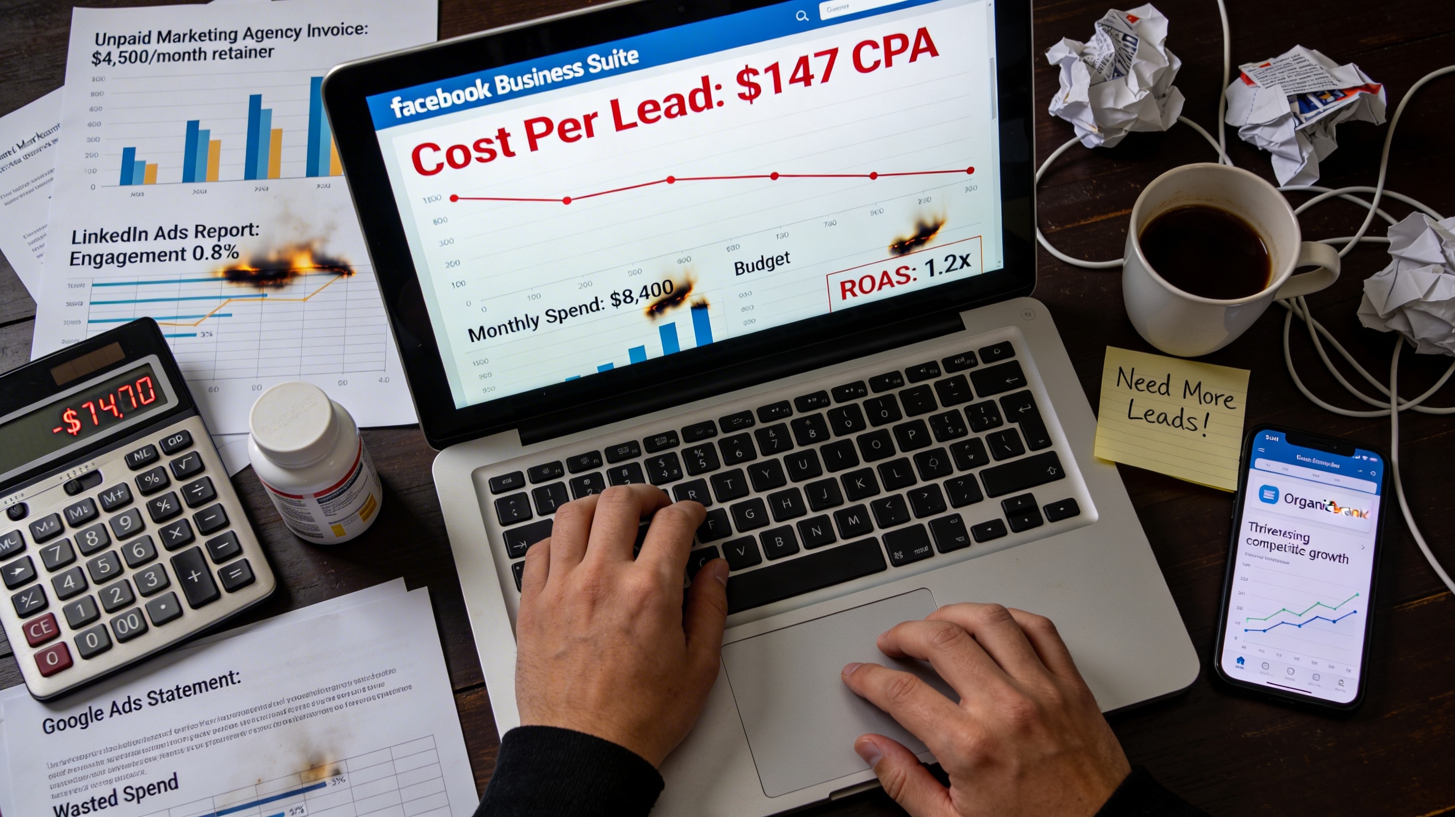 Photorealistic overhead shot of American business owner's chaotic desk with laptop showing Facebook Ads Manager with skyrocketing Cost Per Lead $147 CPA in red, declining ad performance graphs, burned budget charts $8,400 monthly spend, unpaid marketing agency invoices $4,500/month, calculator showing negative ROI, stress and exhaustion