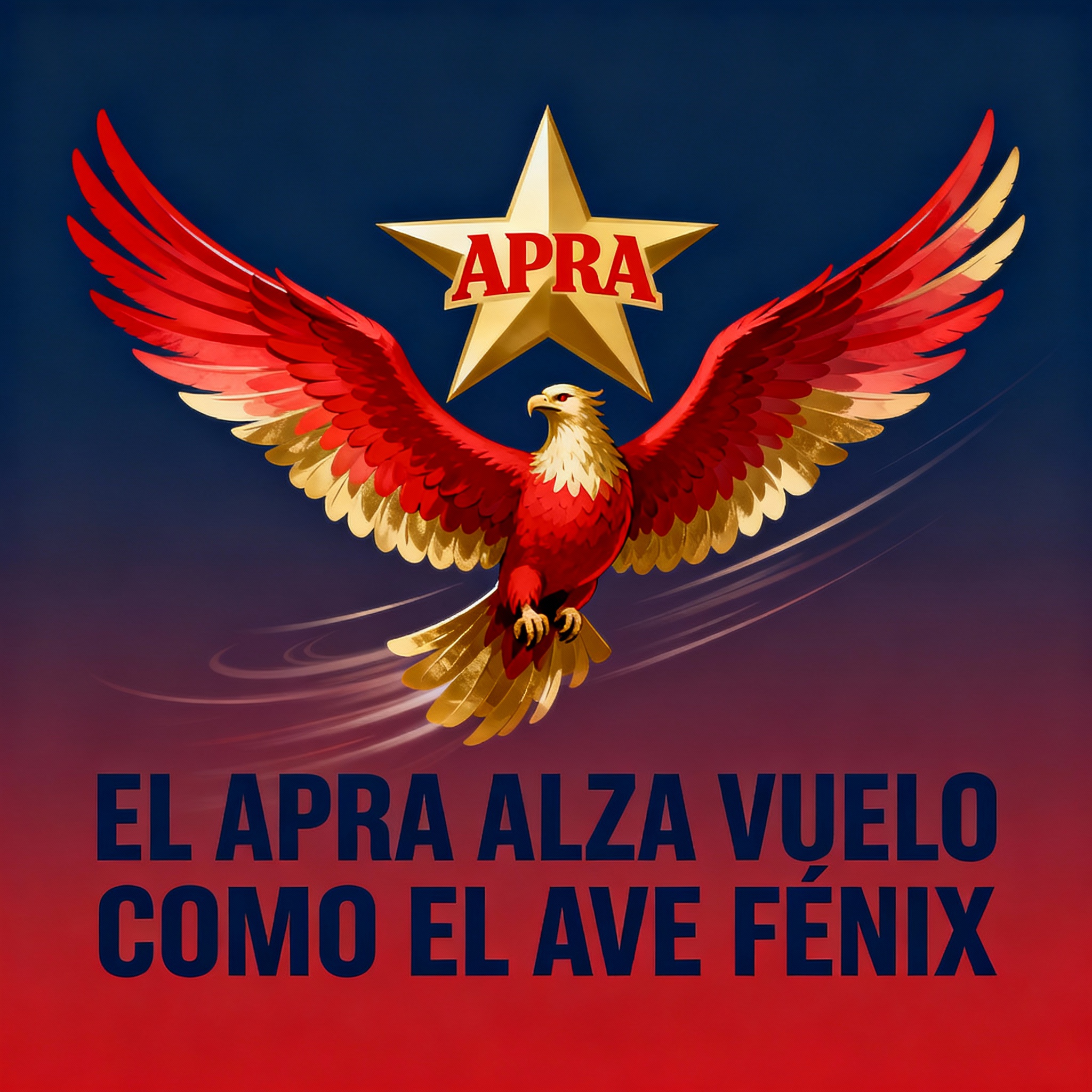 Diseño político con estrella, Ave Fénix y texto EL APRA ALZA VUELO COMO EL AVE FÉNIX.