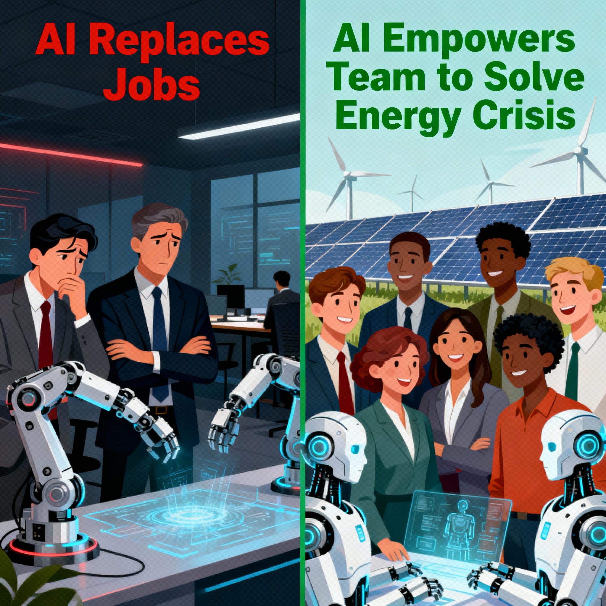 Split screen showing negative replacement vs positive collaboration headlines