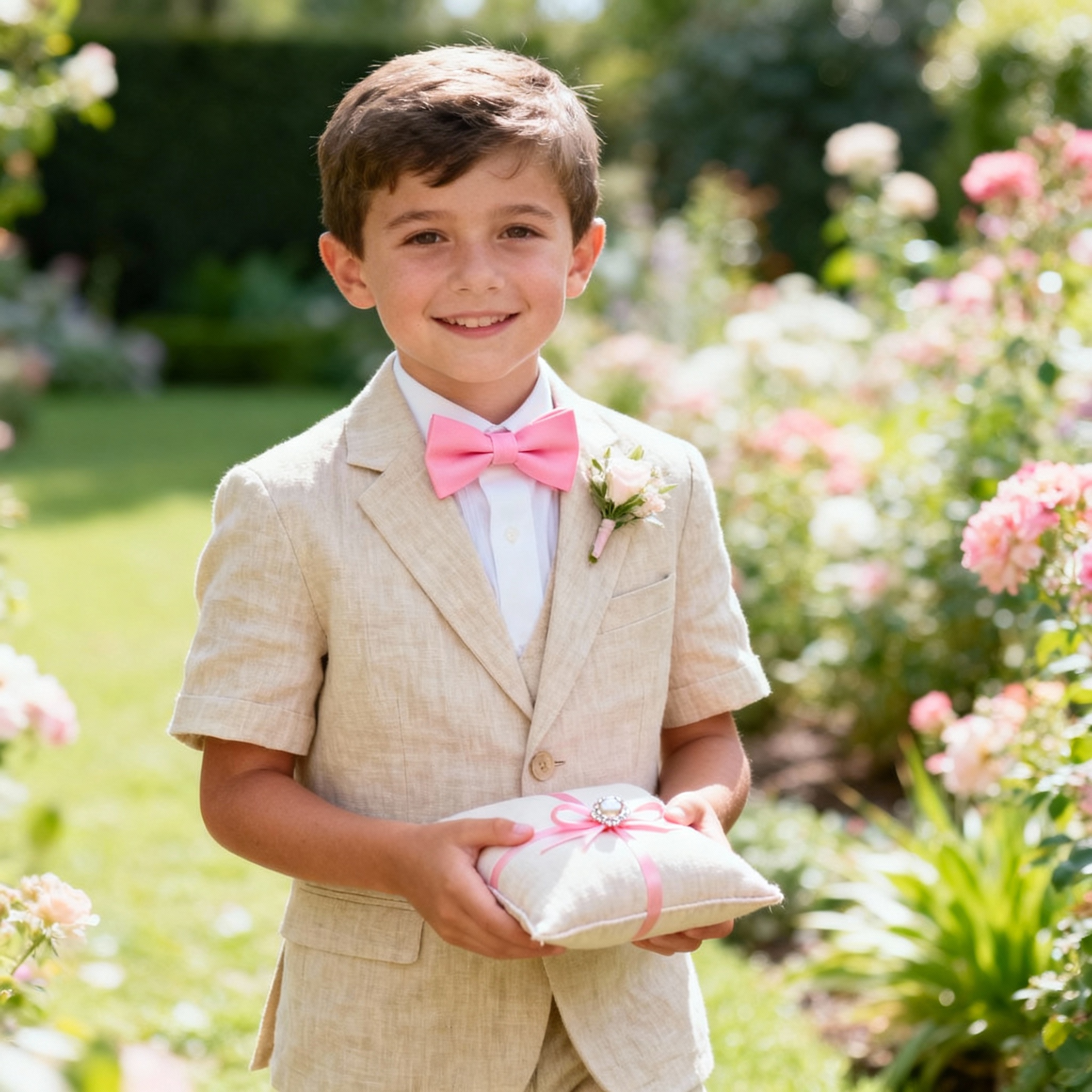Young ring bearer in beige linen suit with pink bow tie