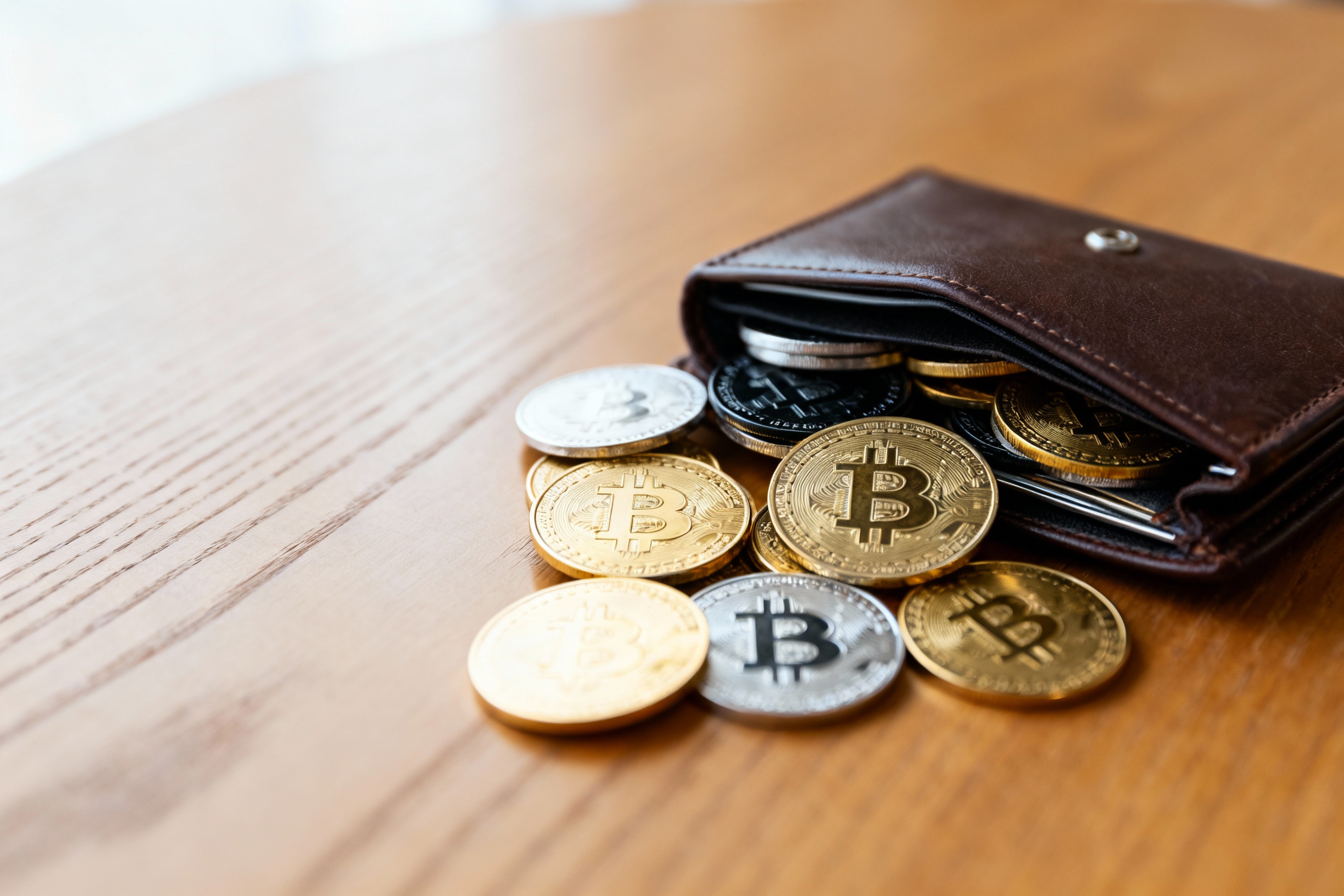 A wallet containing various cryptocurrency coins resting on a table