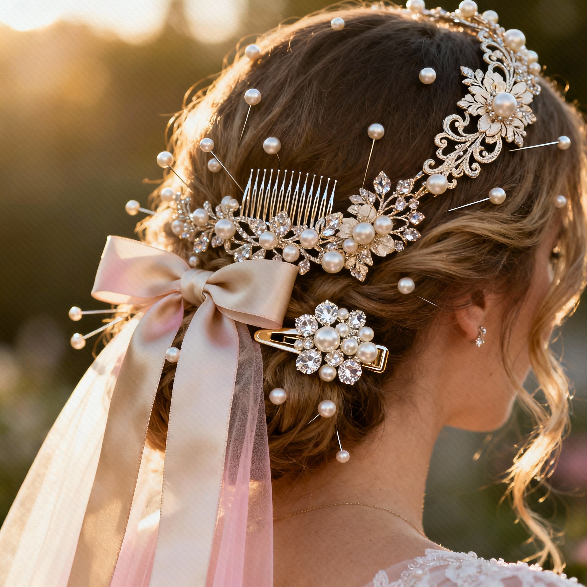 Bride with ornate hair comb and pearl accessories, statement hair clips, luxury embellishments