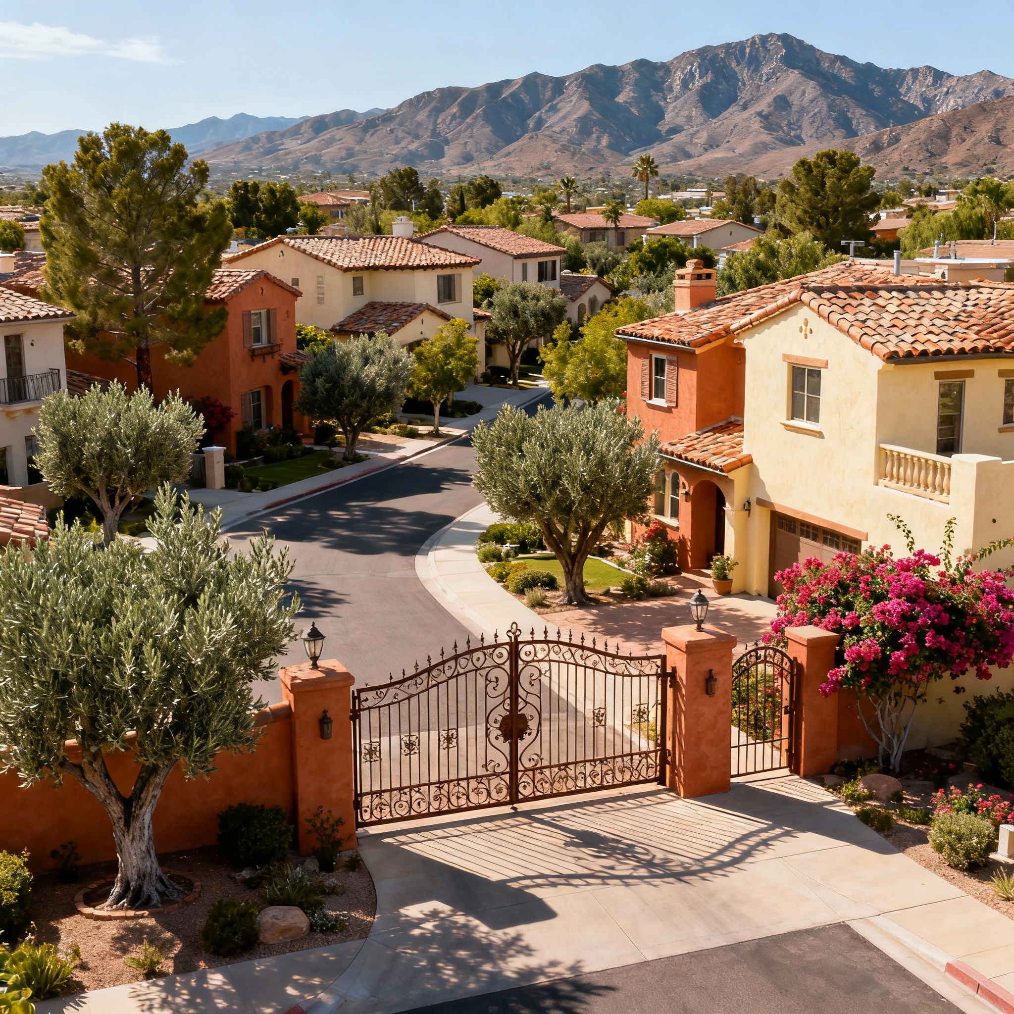 Palermo community Seven Hills Henderson Nevada featuring Italian-inspired gated homes with mature landscaping mountain views and established neighborhood character
