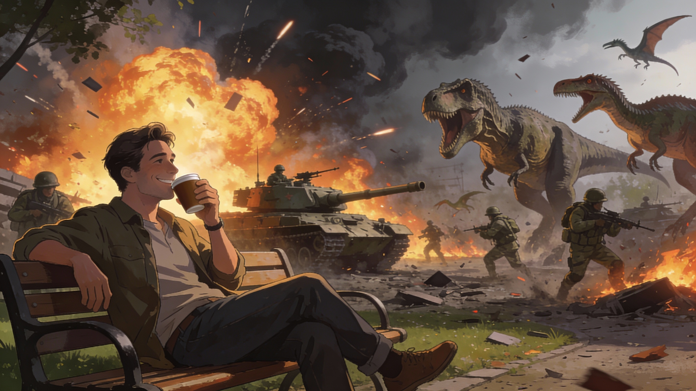Calm man sitting happily while dinosaurs, explosions, and war rage behind him.