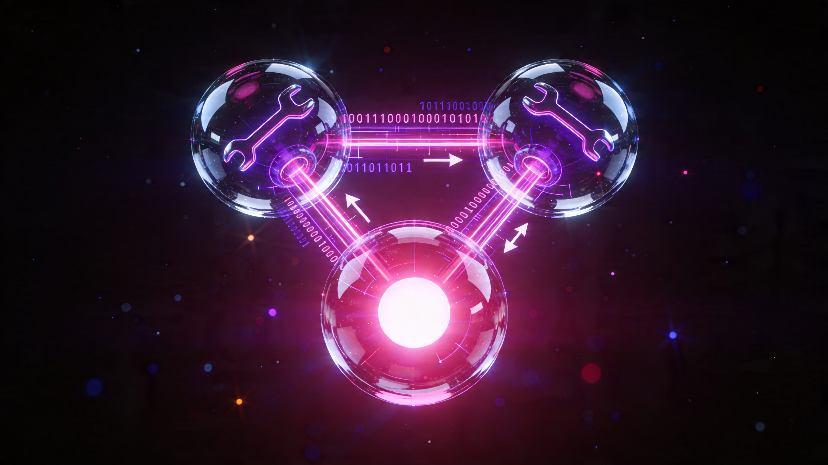 A futuristic glowing 3-tool tech stack architecture visualization floating in a dark void, with three translucent glass spheres connected by neon pink and purple energy streams in a triangular formation.