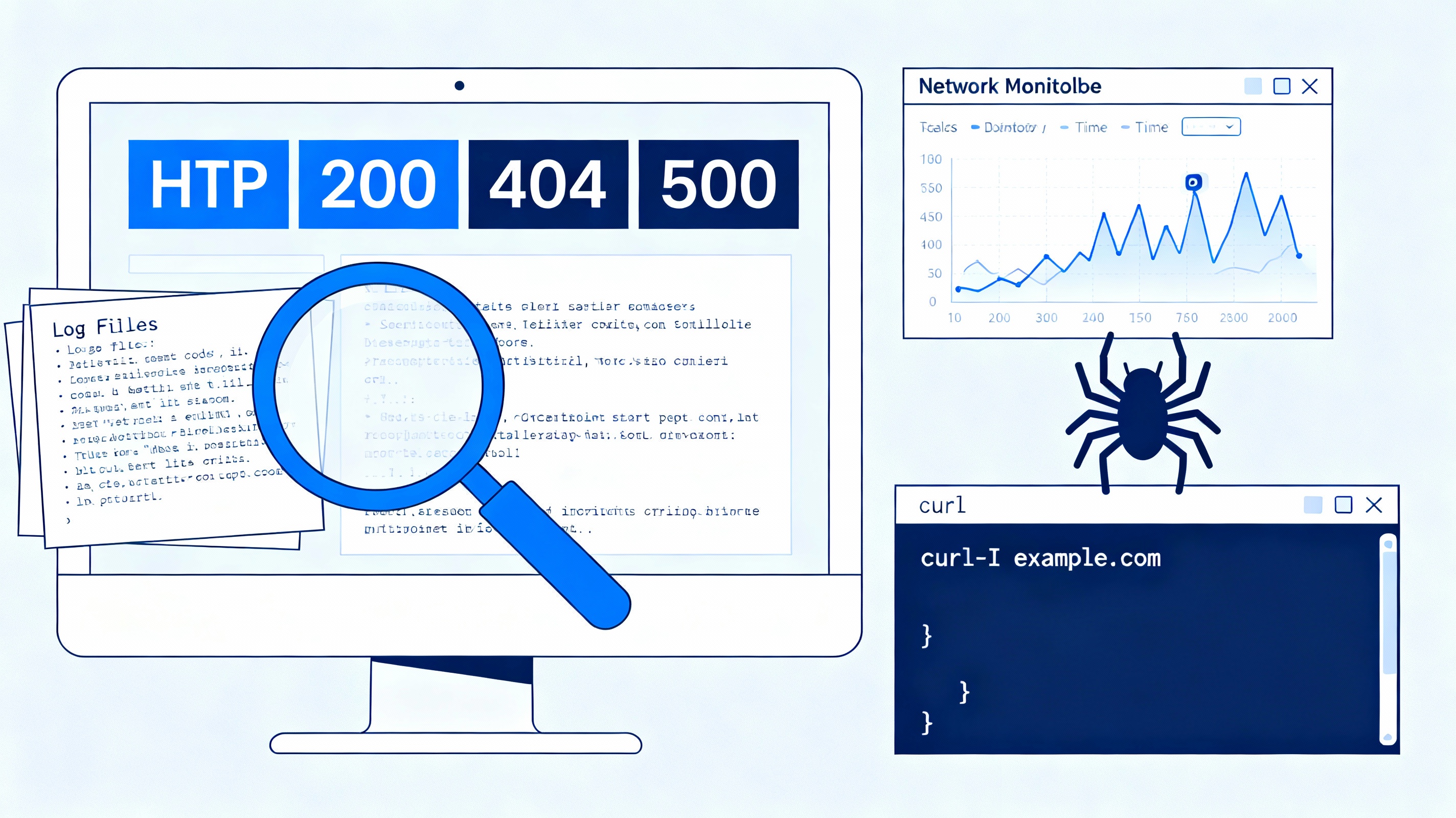 Illustration des outils de diagnostic et d'analyse des codes HTTP - Dashboard monitoring, logs serveur, crawling tools