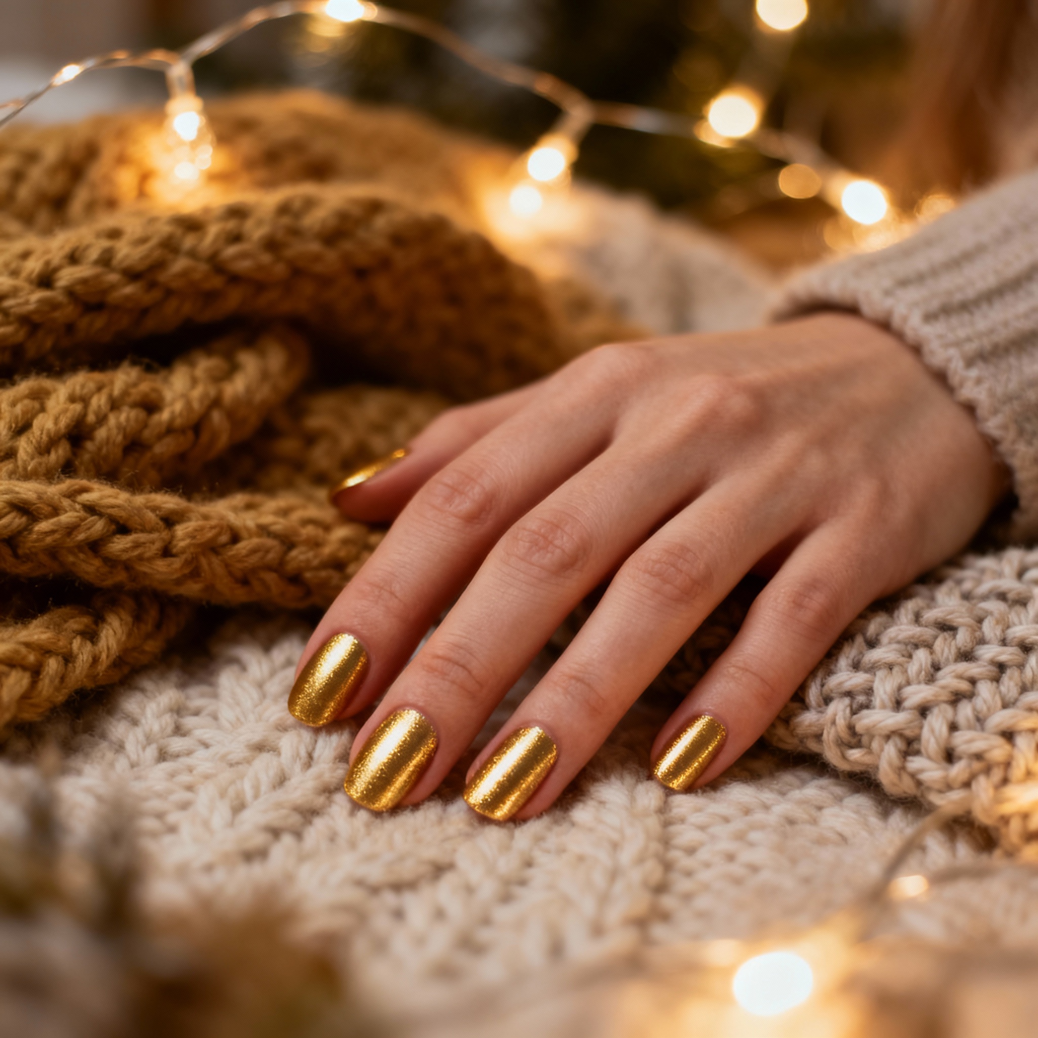 Metaliczny złoty manicure w zimowej warszawskiej scenerii