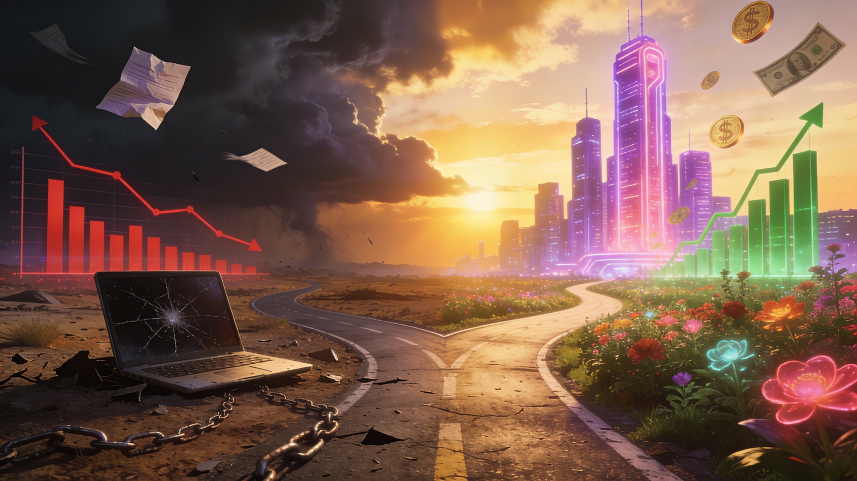 Cinematic dramatic fork in the road at golden hour sunset. Left path shows darkness, storm clouds, desolation, abandoned laptop, crumpled affiliate marketing notes, declining graphs. Right path shows bright futuristic cityscape with holographic purple towers, flourishing gardens, golden sunlight, abundance symbols and rising graphs.