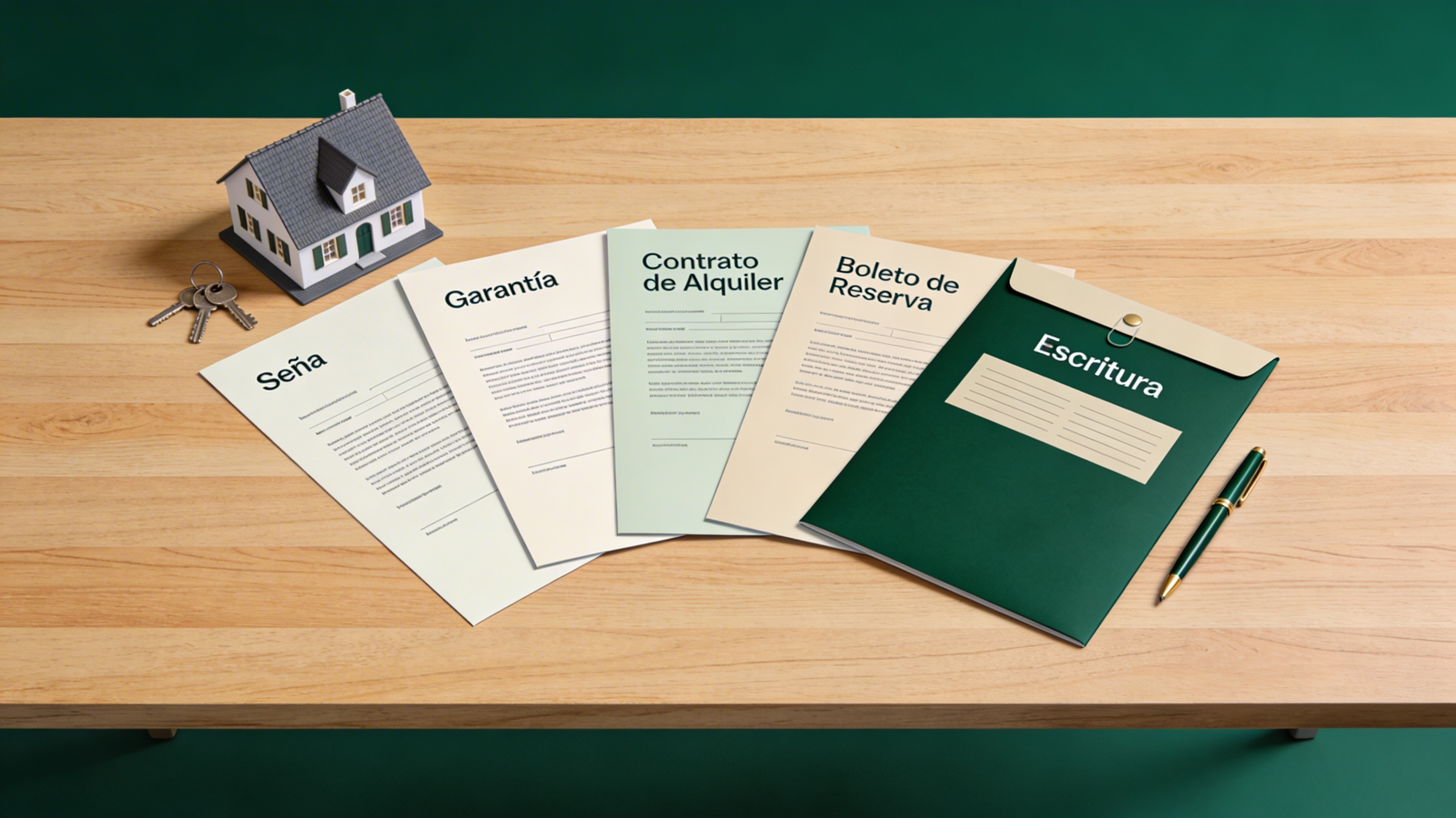 Escritorio con documentos inmobiliarios: seña, garantía, contrato de alquiler, boleto de reserva y escritura, sin personas.