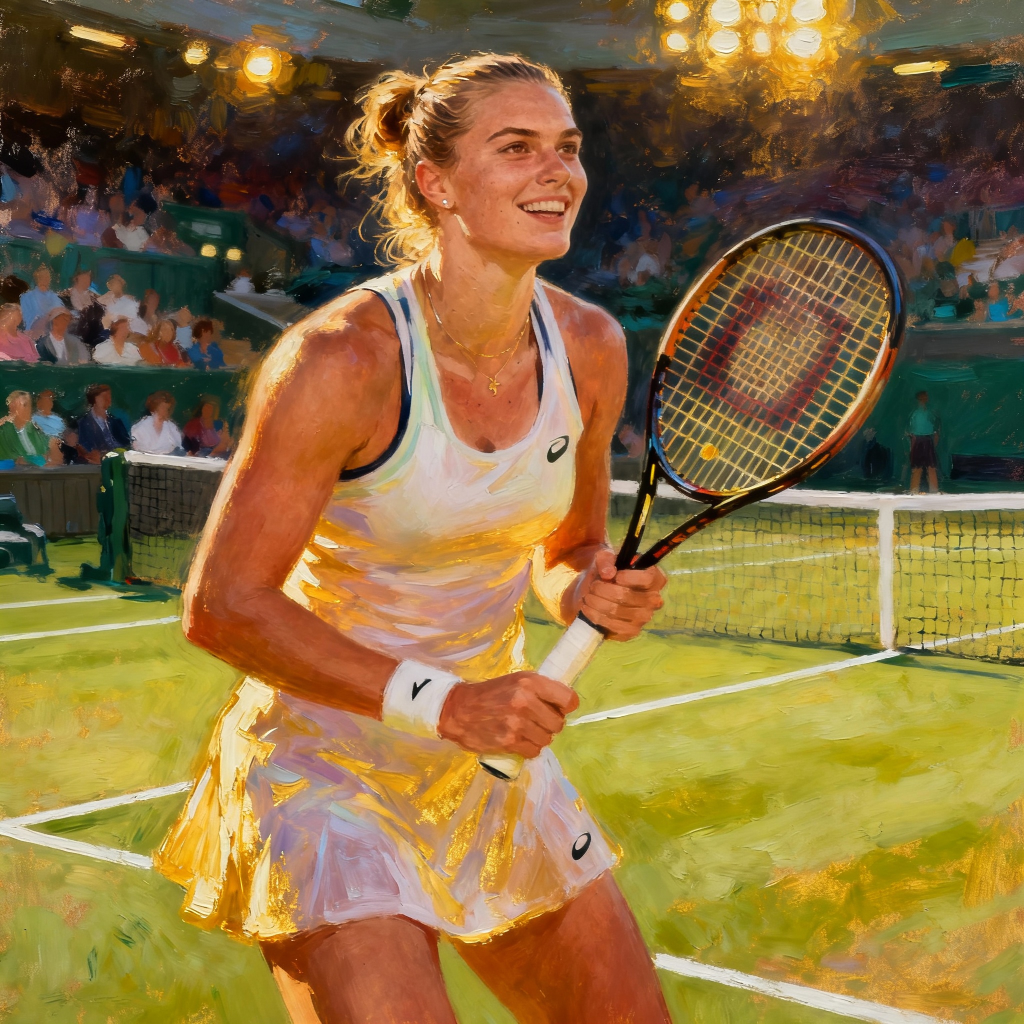 Artistic painting illustration of tennis champion Aryna Sabalenka on court
