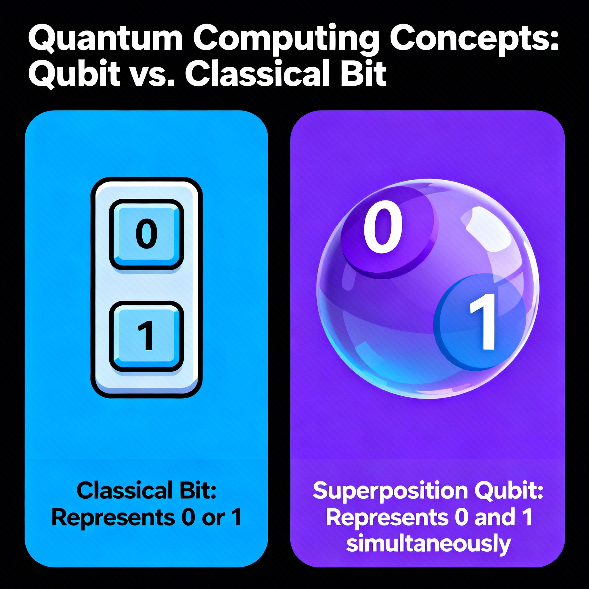 Visual comparison of quantum qubits vs classical bits showing superposition