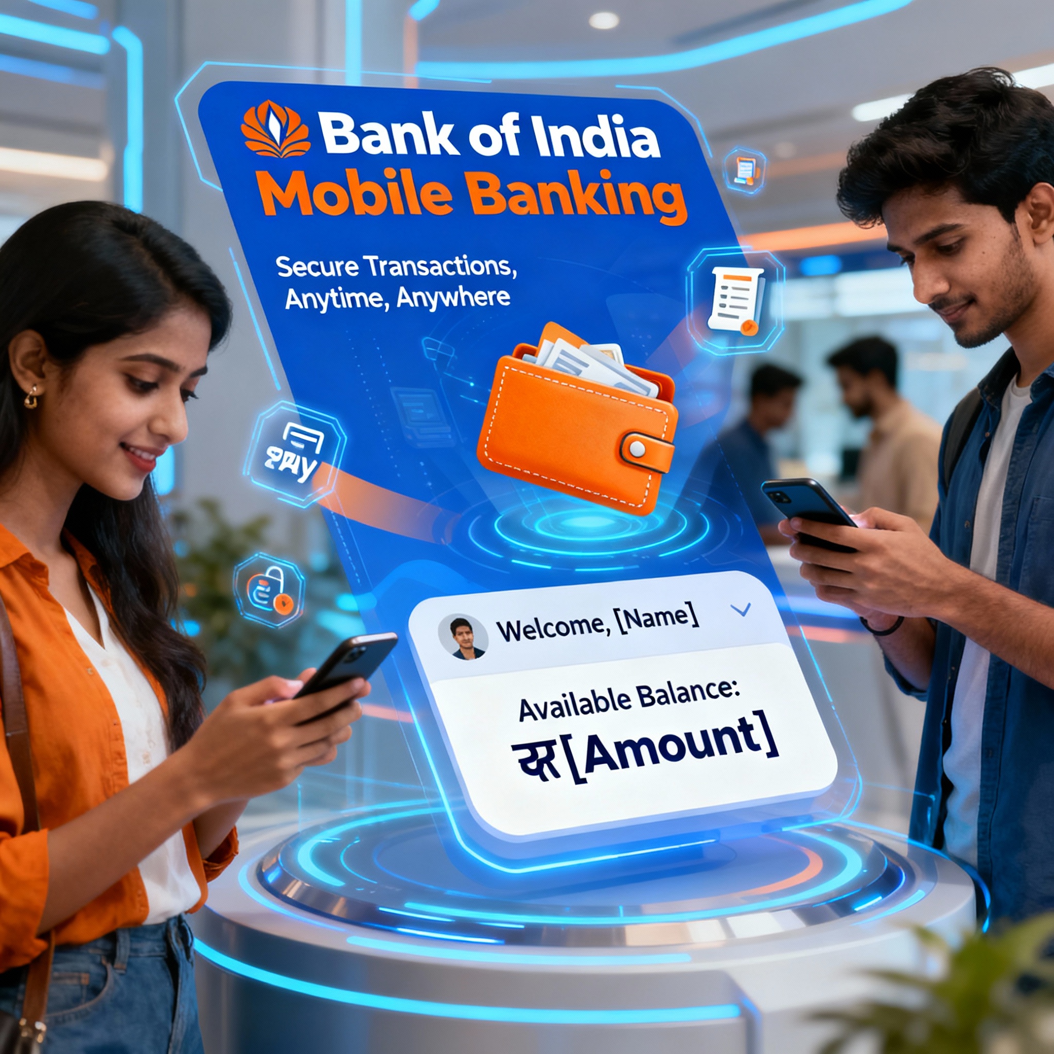 Futuristic Bank of India digital banking app interface with young users.