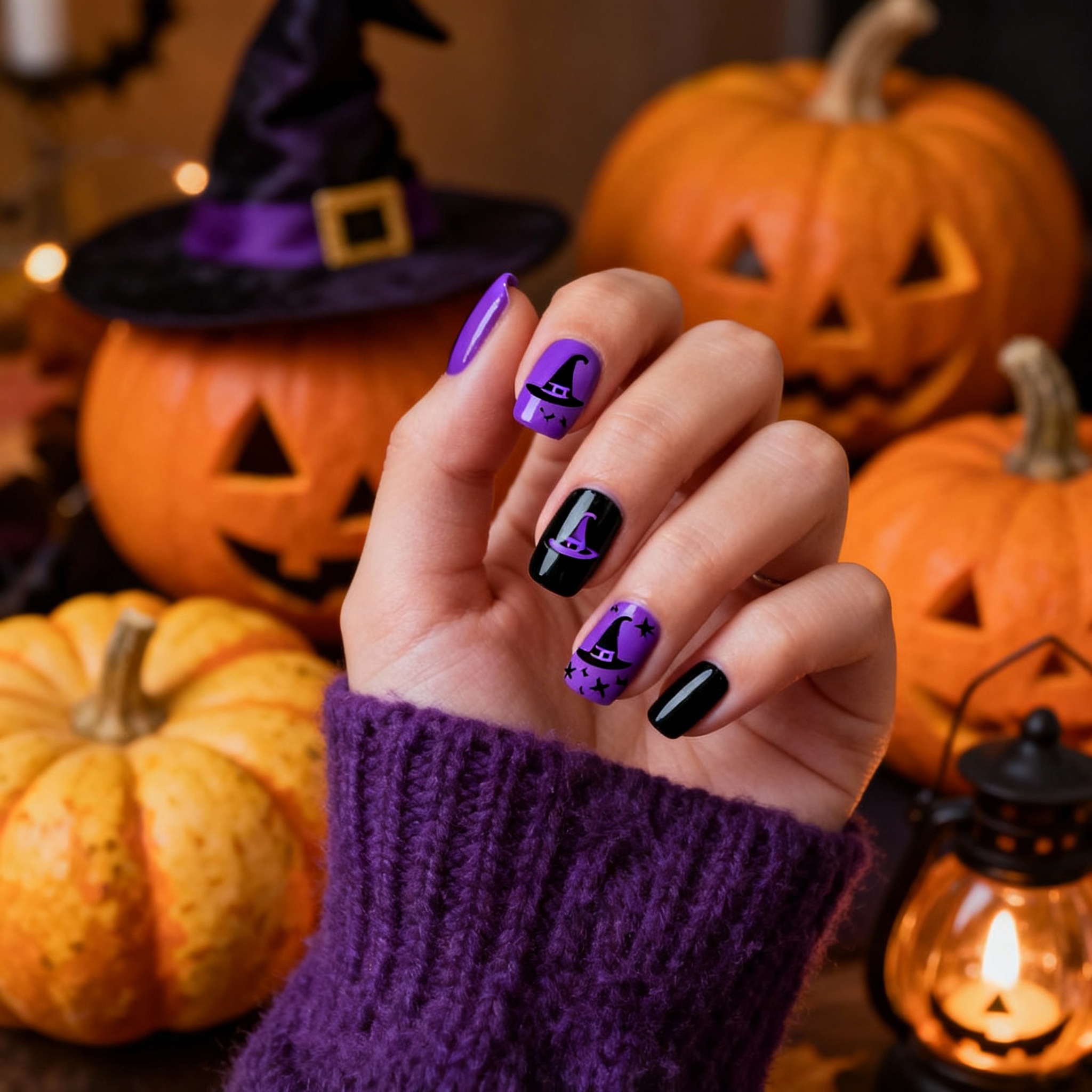 Witch hat Halloween nail design with cozy autumn props