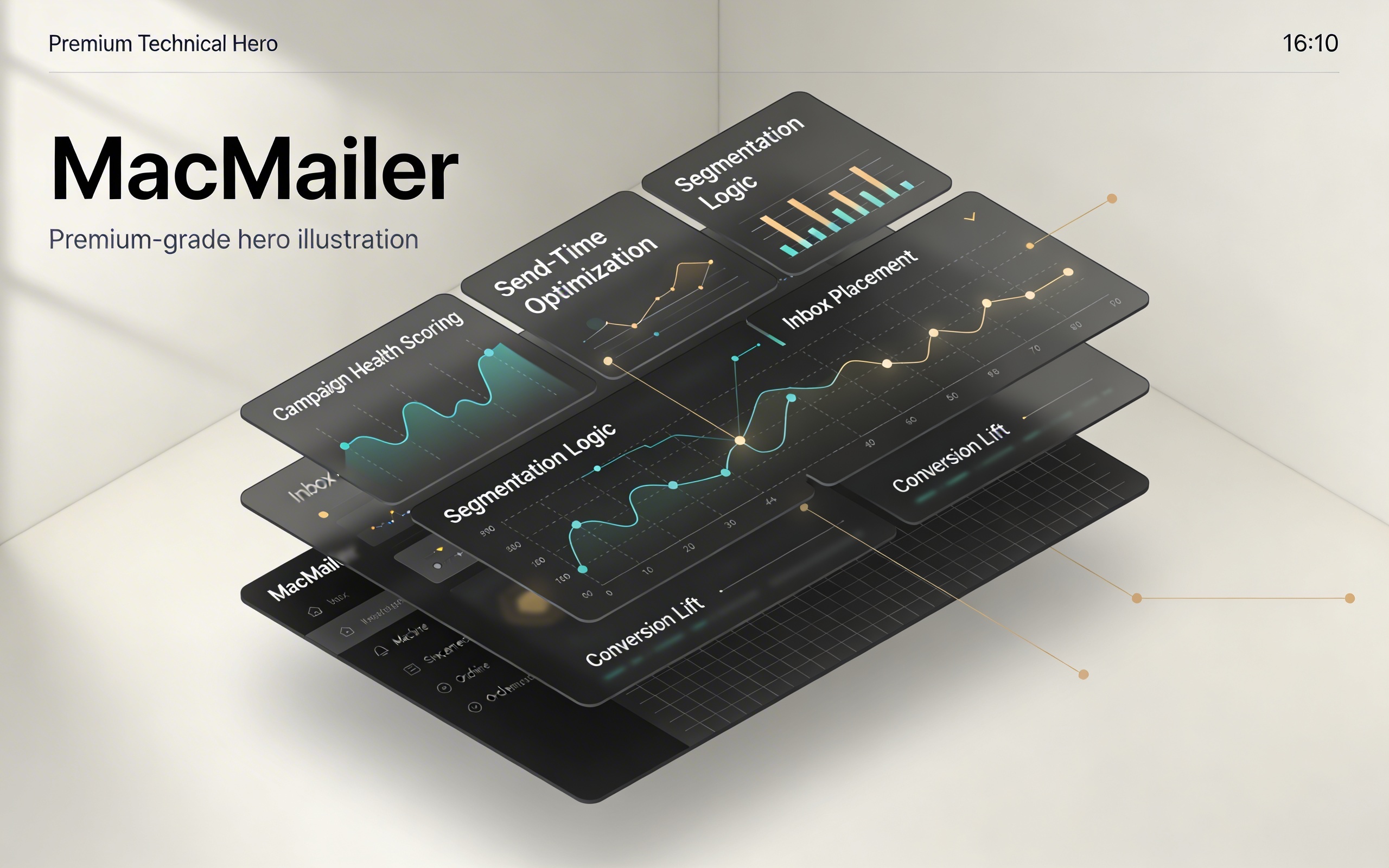 Technical product illustration showing enterprise email campaign optimization panels and system routing visuals