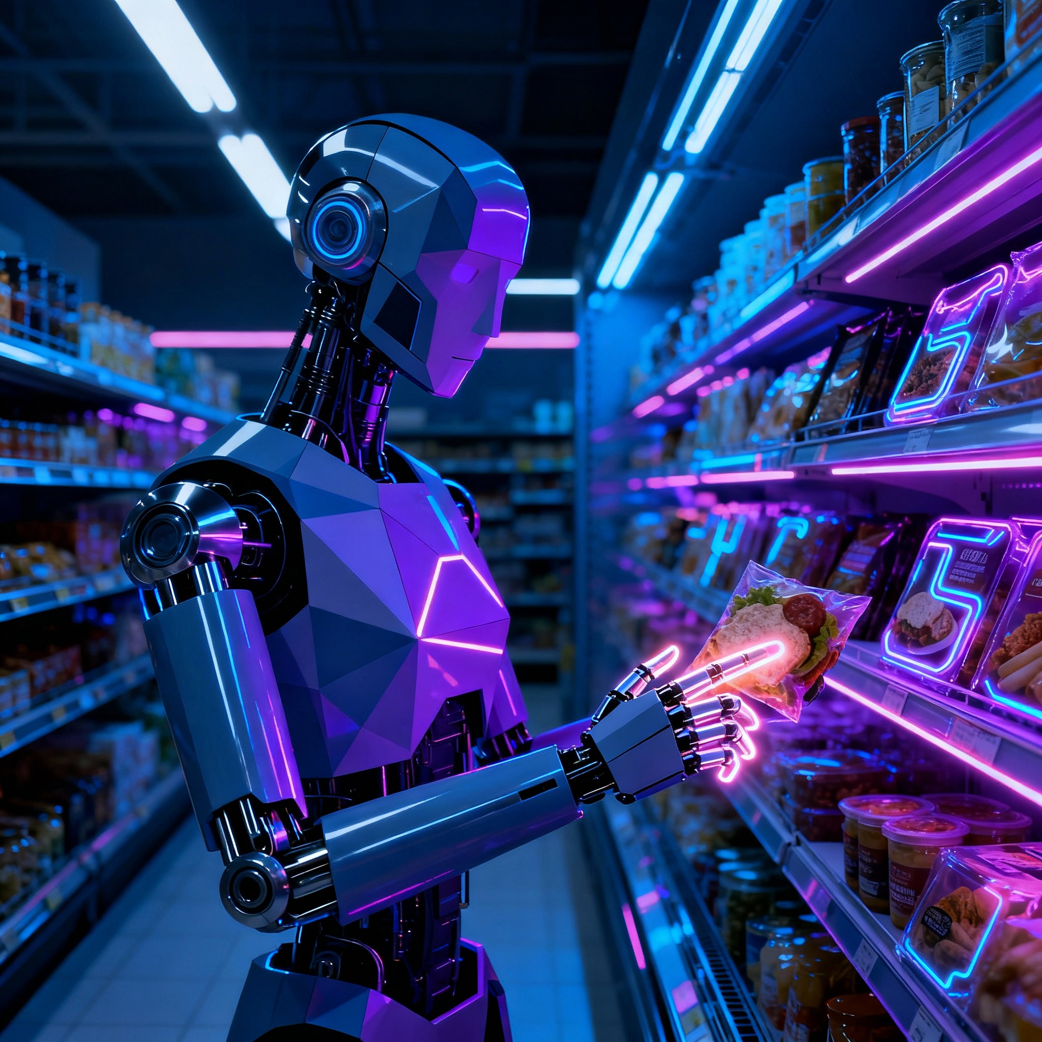 Abstract cyberpunk robot shopping for food in a supermarket, realistic, not cartoonish.
