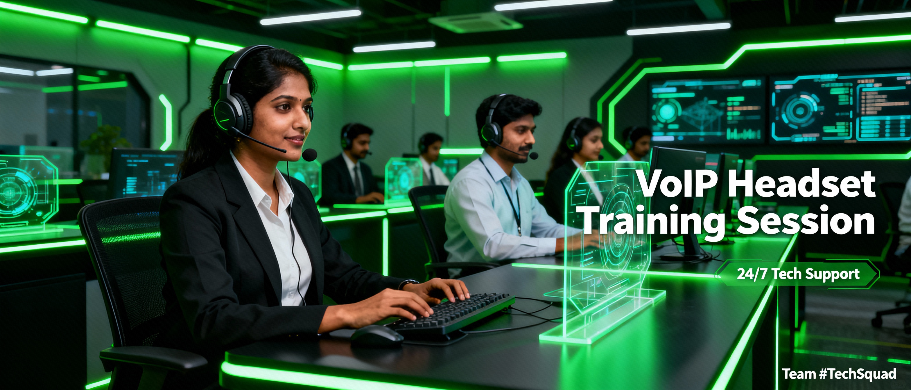 Support team using VoIP headsets in modern contact center