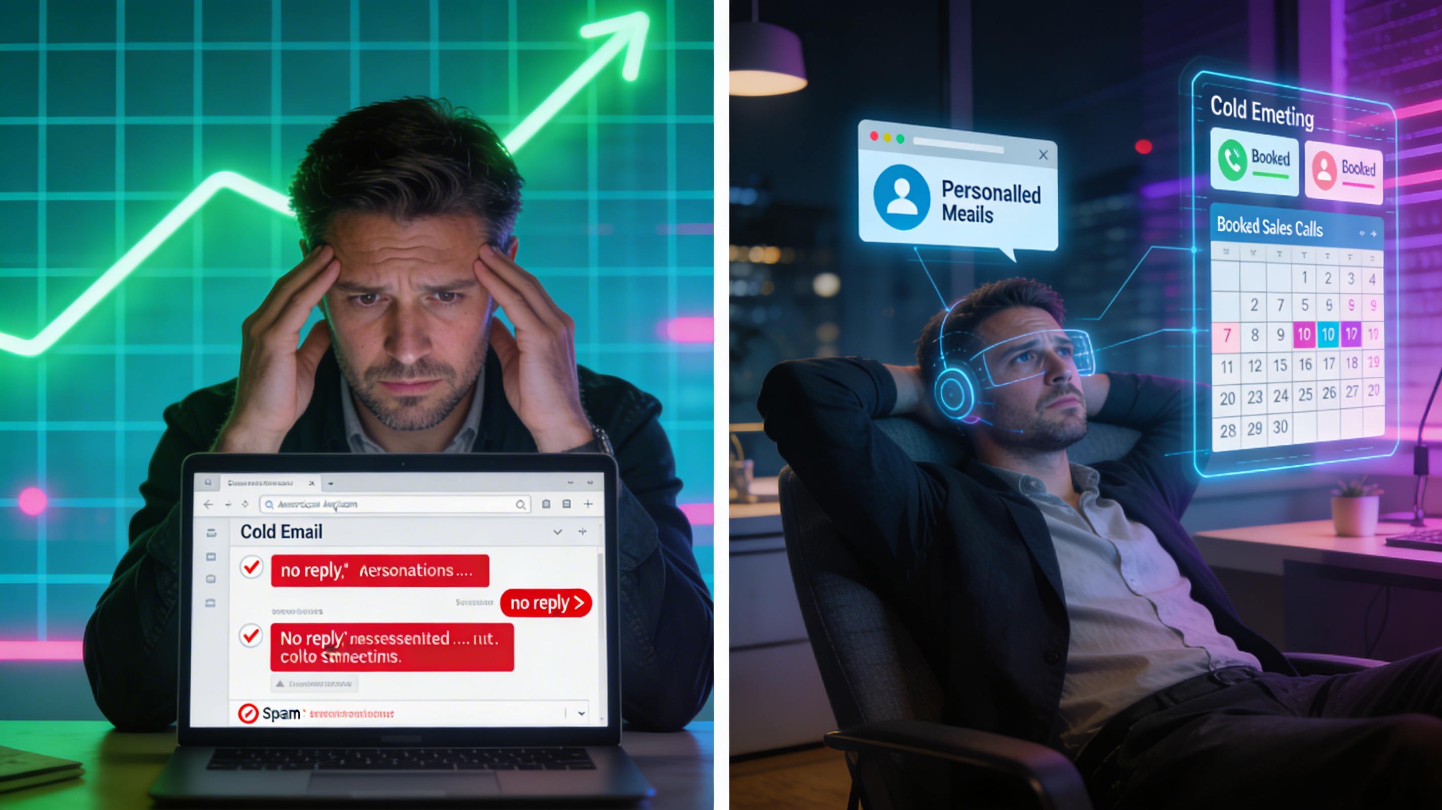 Before and after comparison of stressed salesperson doing manual cold email versus relaxed entrepreneur using AI outreach dashboard.