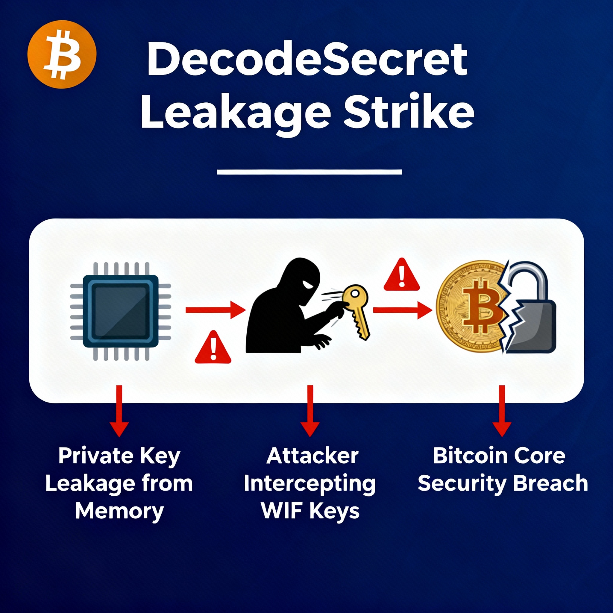 DecodeSecret Leakage Strike: Critical cryptographic vulnerability research diagram illustrating private key memory leakage in Bitcoin Core
