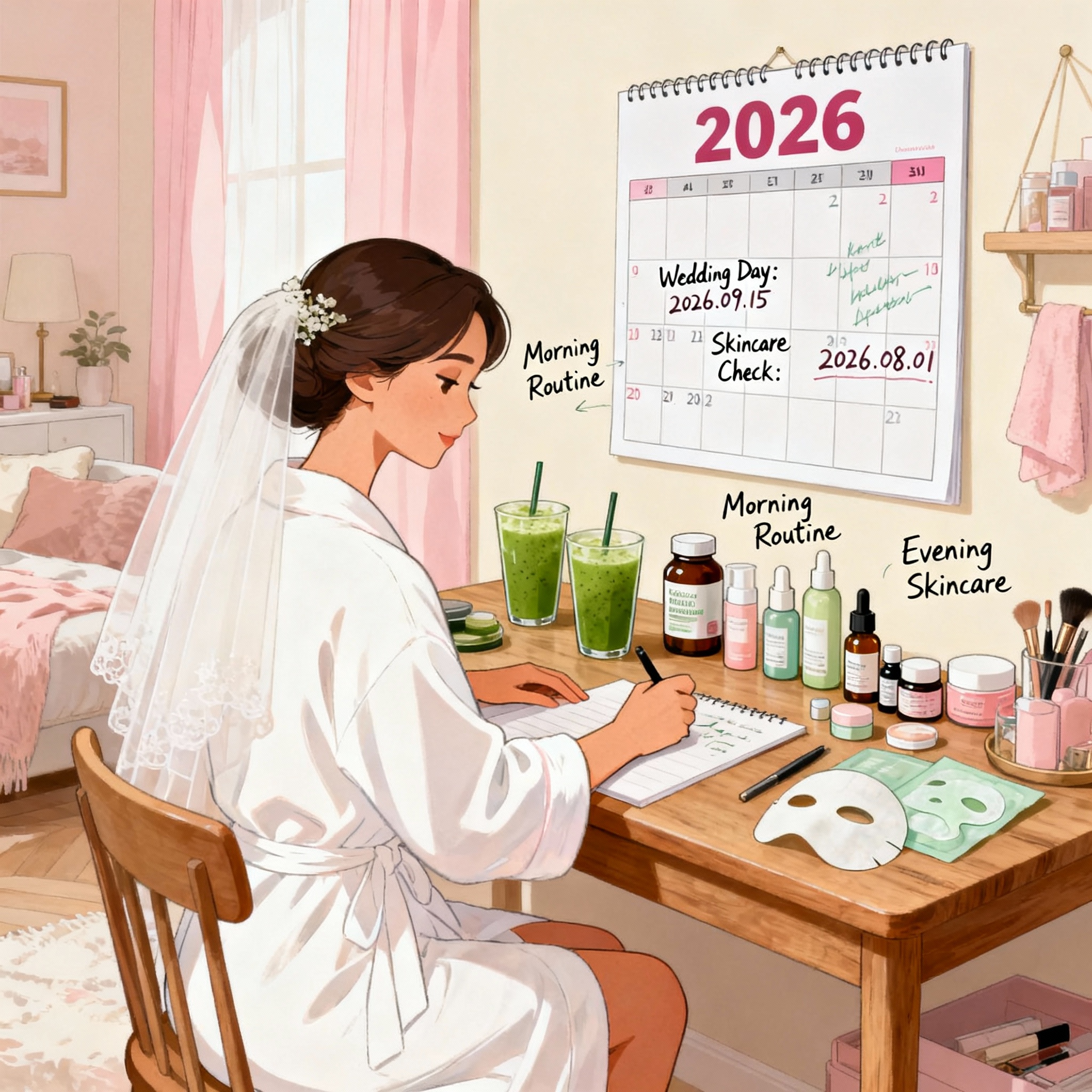 Bride planning early skincare routine with calendar and healthy products