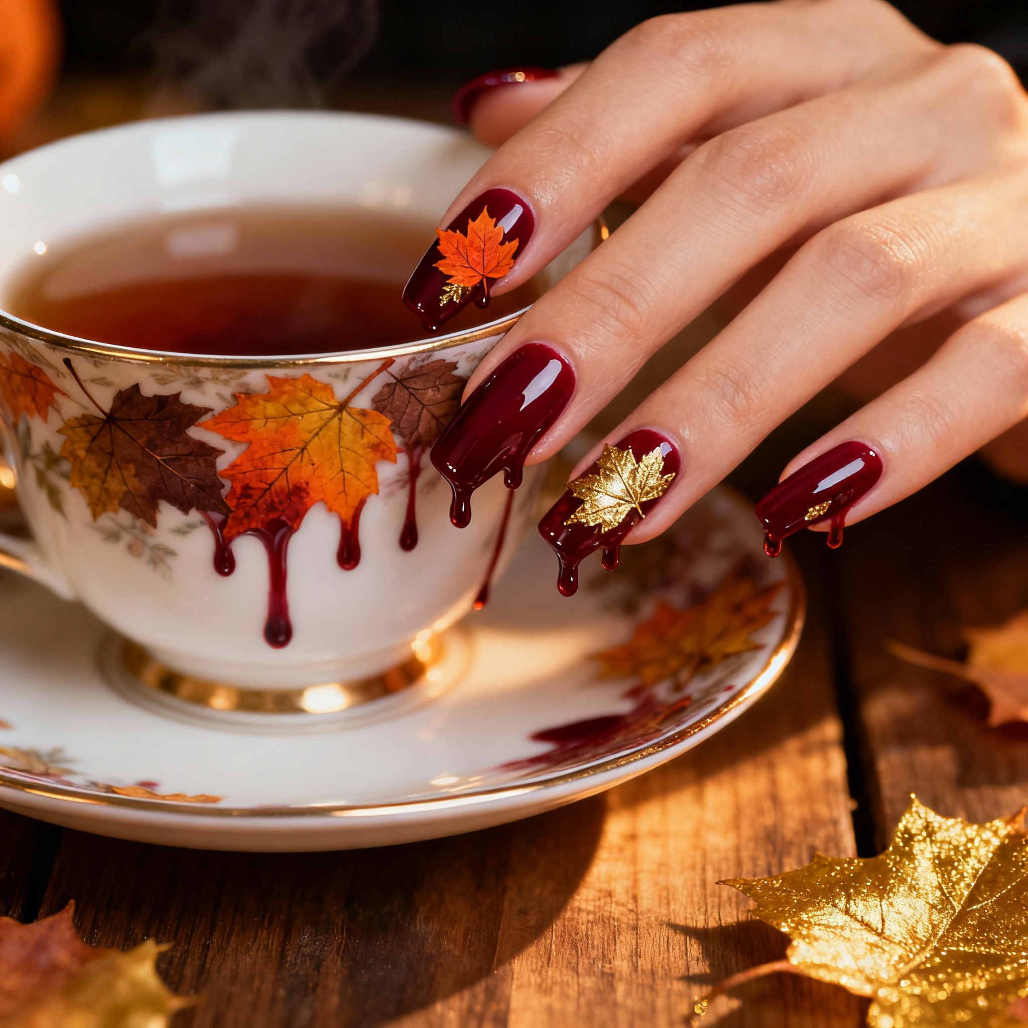 Blood drip Halloween nails in cozy autumn atmosphere
