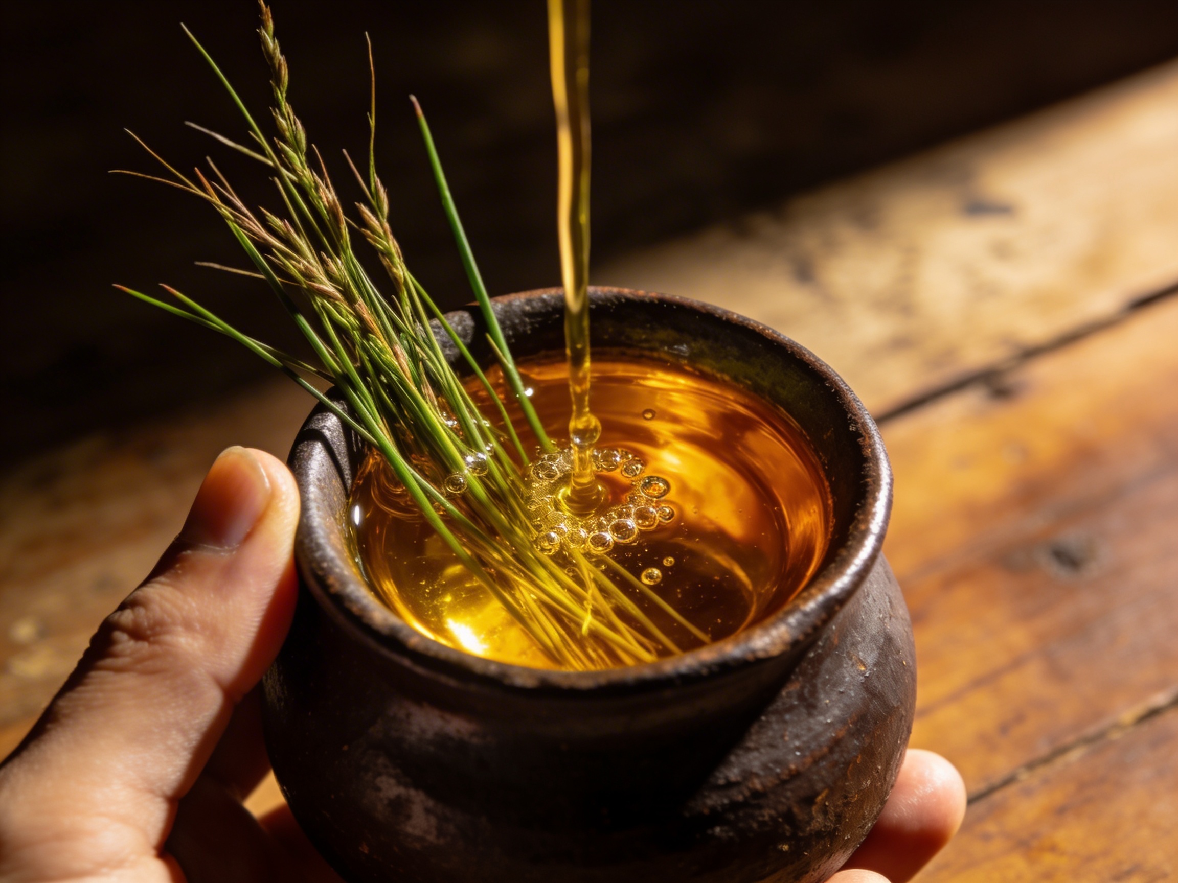 Wild sweetgrass submerged in warm amber jojoba oil, slow maceration