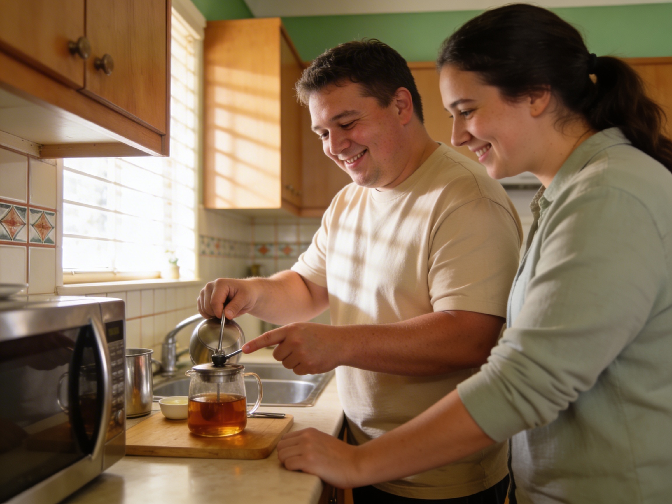 Support worker helping participant with intellectual disability build daily living skills