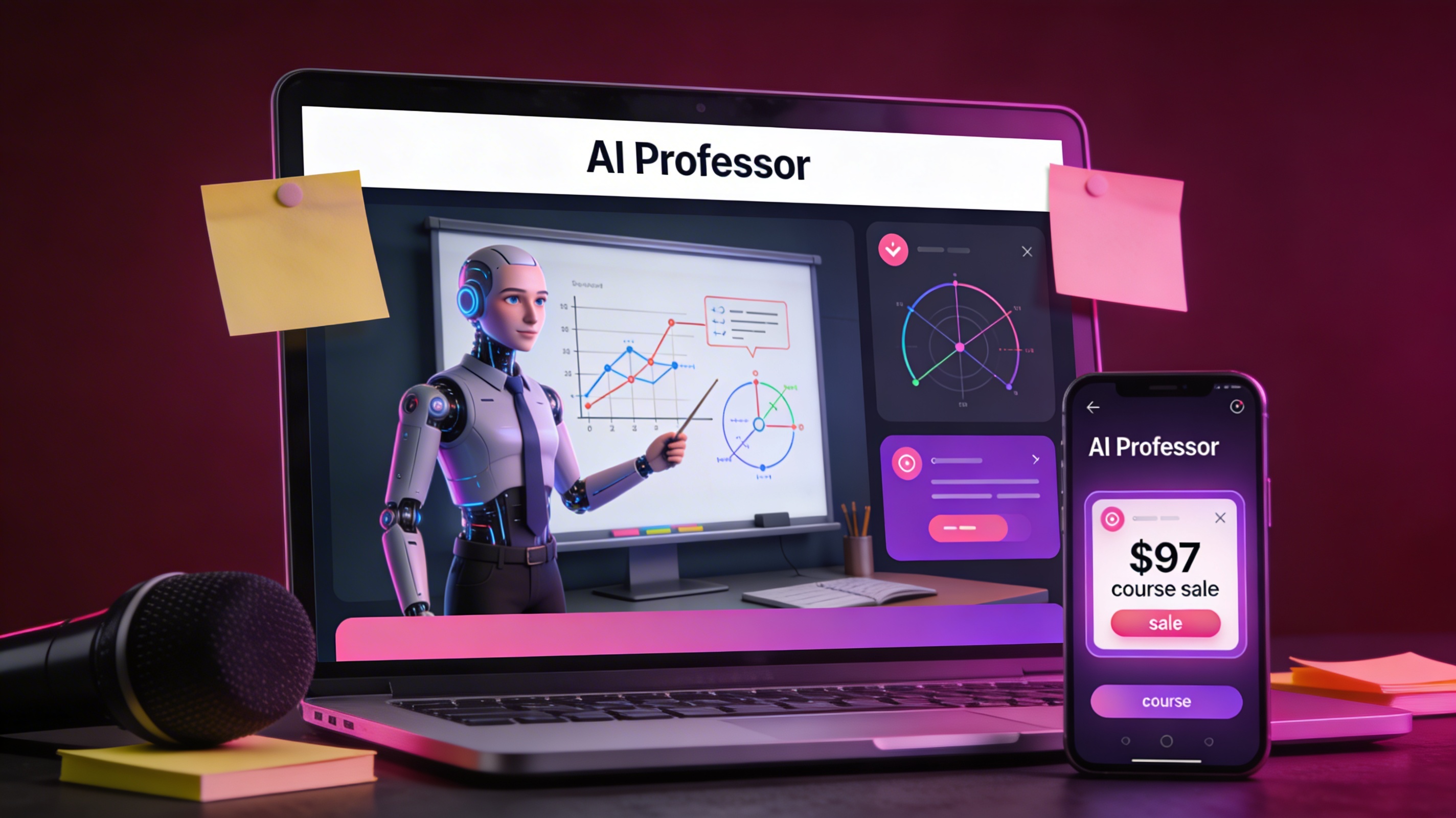 AI Professor interface showing a lifelike AI avatar teaching a course with $97 sale notifications.