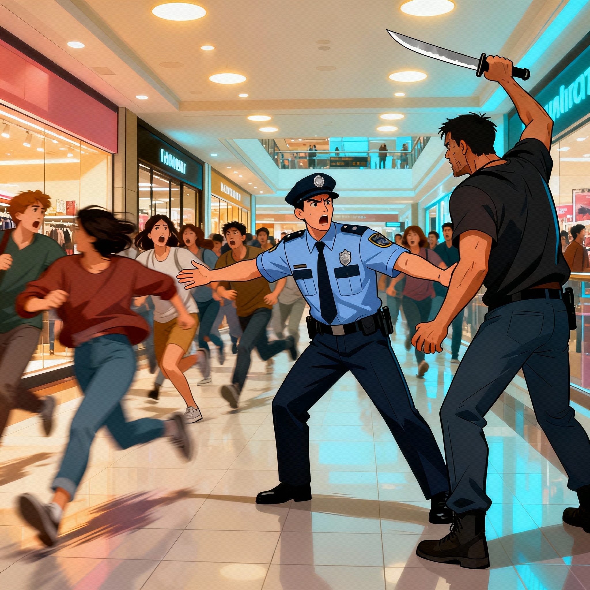 Animated scene: aggressive armed offender with knife, security guiding fleeing crowd, busy shopping center, no text