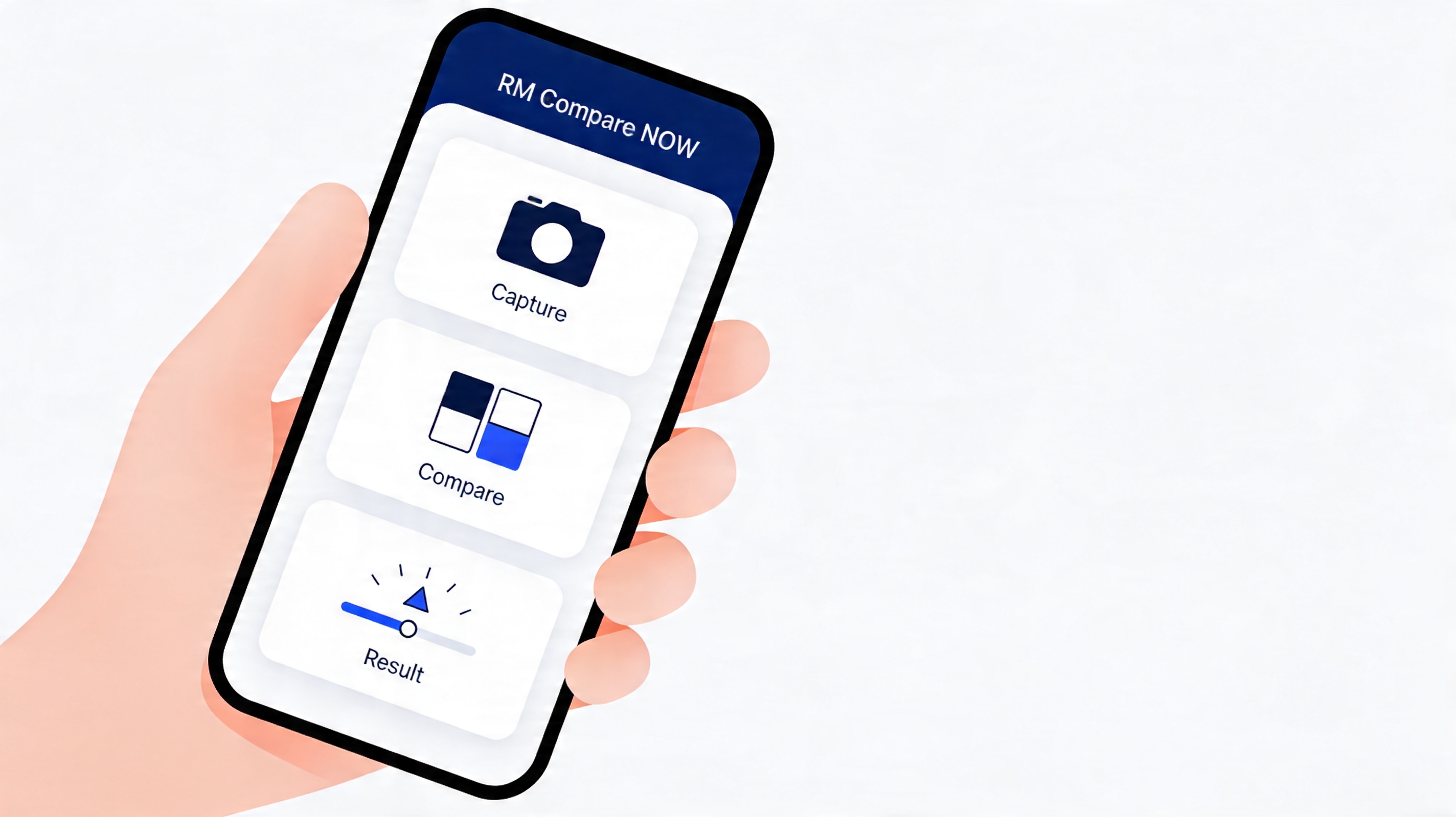 RM Compare NOW mobile illustration showing three steps: capture, compare and result