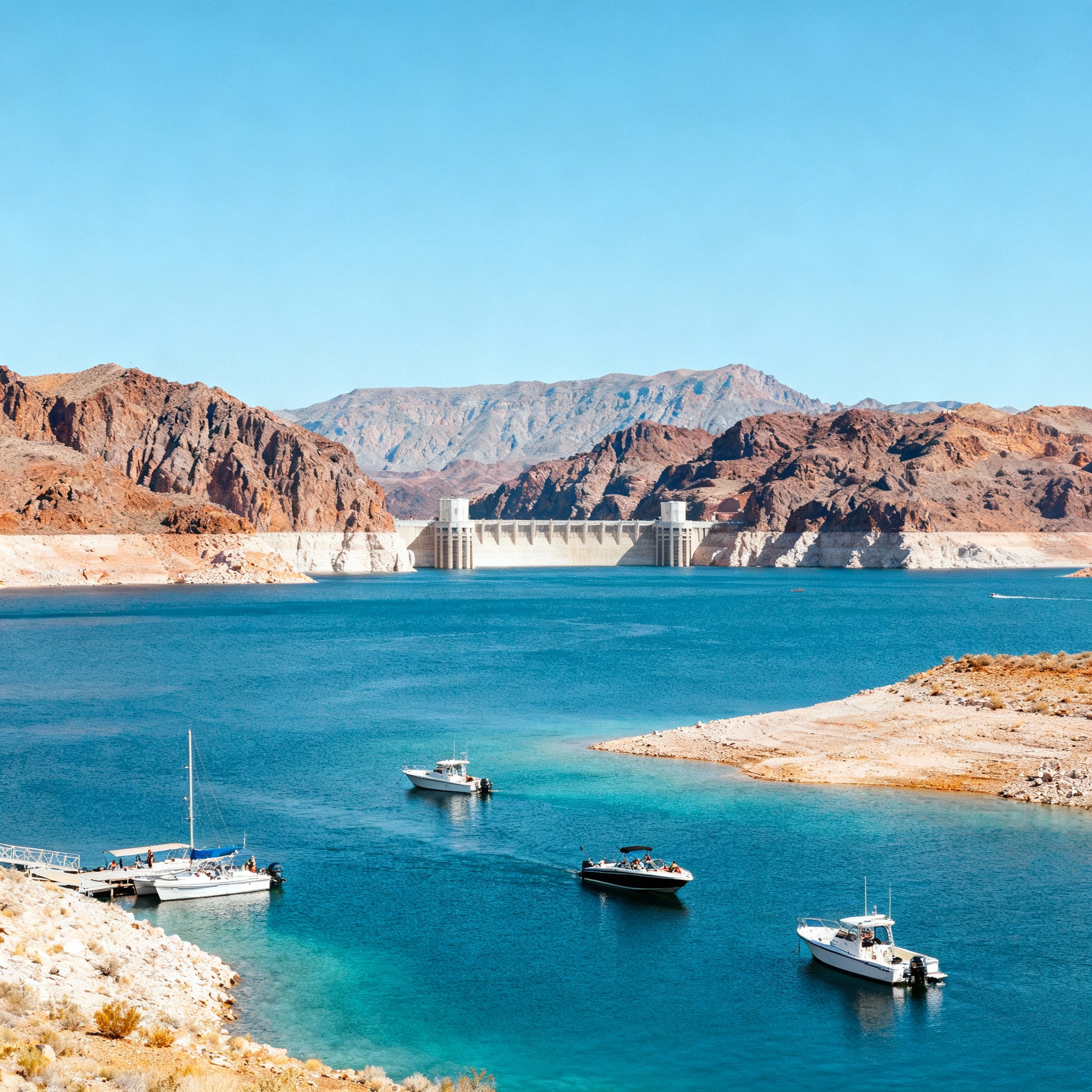 Lake Mead Boulder City Nevada showing crystal blue waters with boats fishing boating recreation activities and Hoover Dam desert mountains backdrop