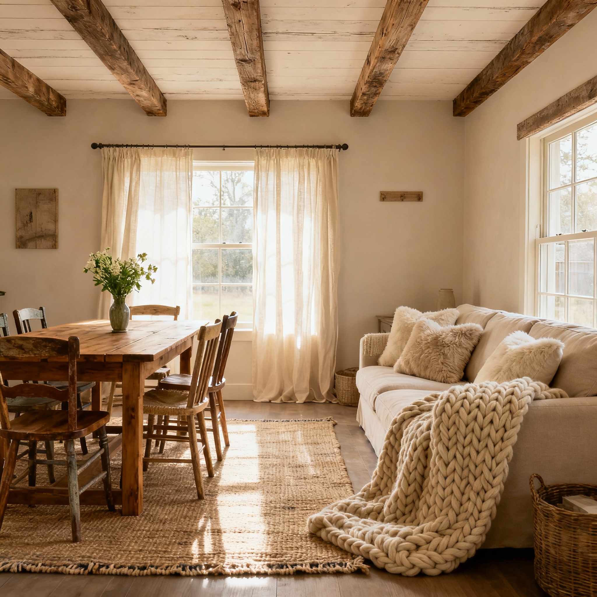 Cozy farmhouse style home interior with wooden beams and soft textiles
