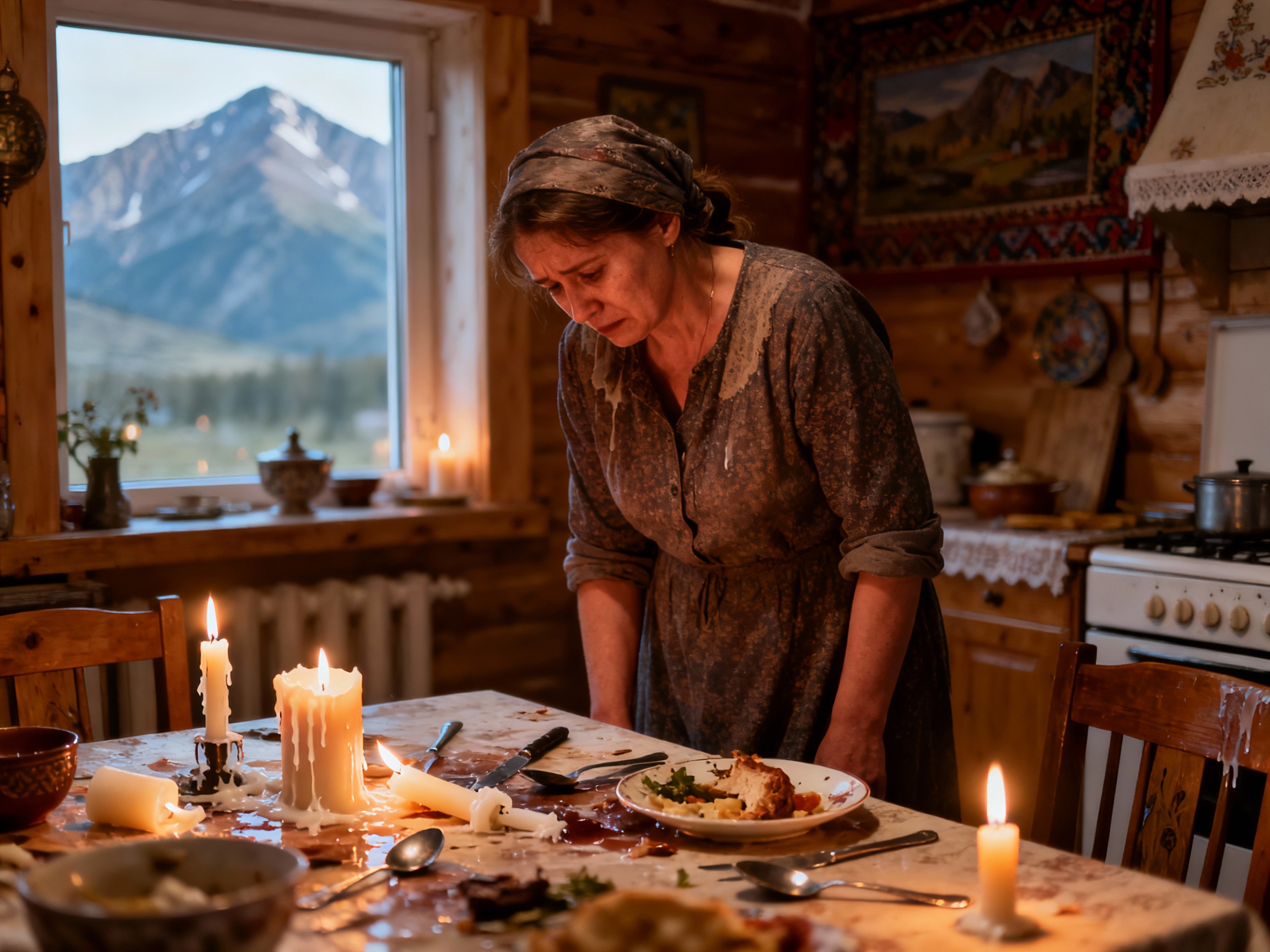 Алтайская кухня после неудачной варки свечей, хозяйка в отчаянии среди хаоса из парафина и фольги.