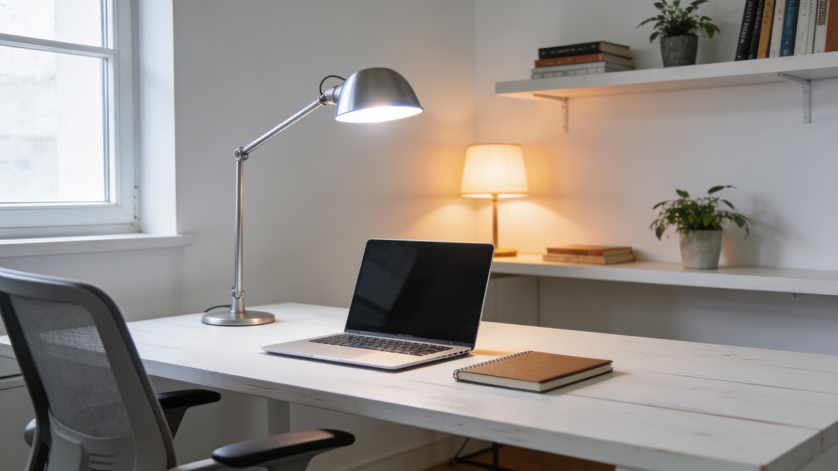 A modern home office with a desk lamp providing focused task lighting and a table lamp adding soft ambient warmth to the workspace
