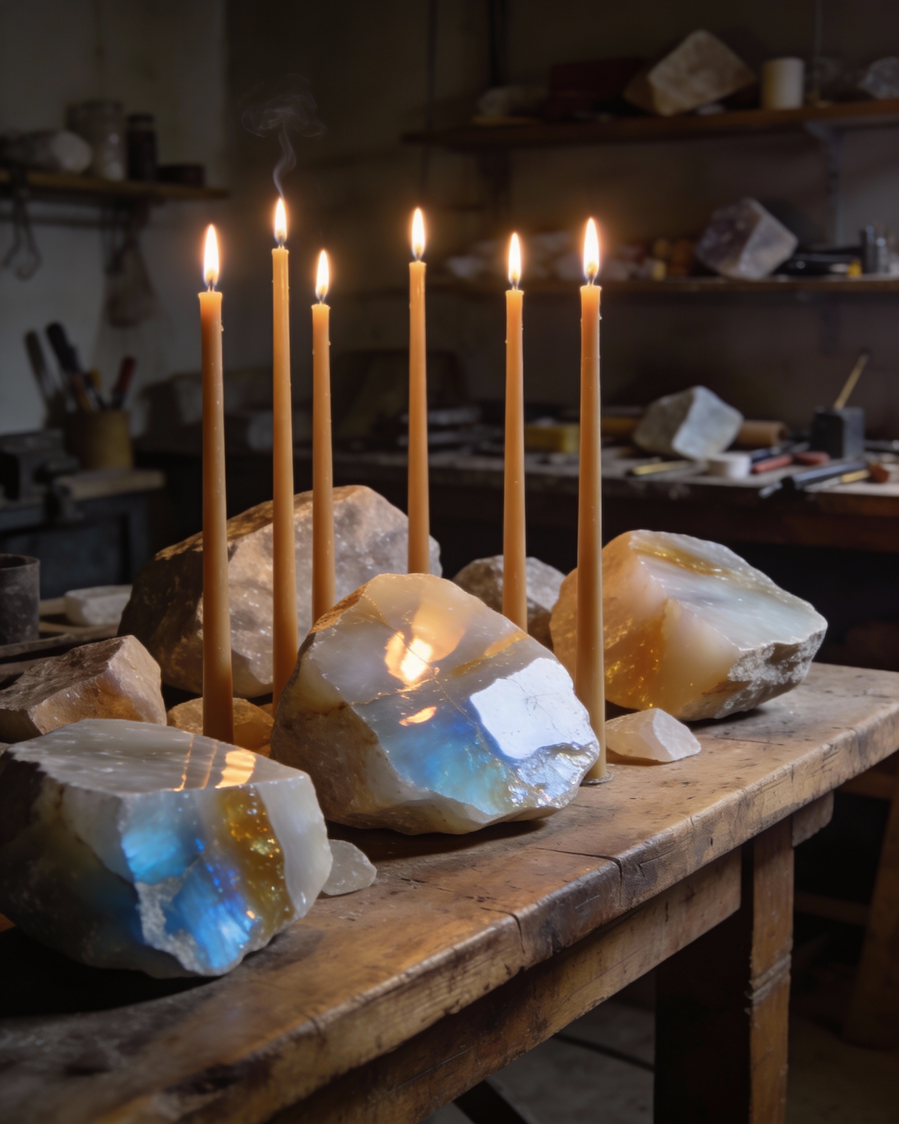 Свечи с опалом, выращенным на ферме Сергея Маузера, в тихой мастерской.