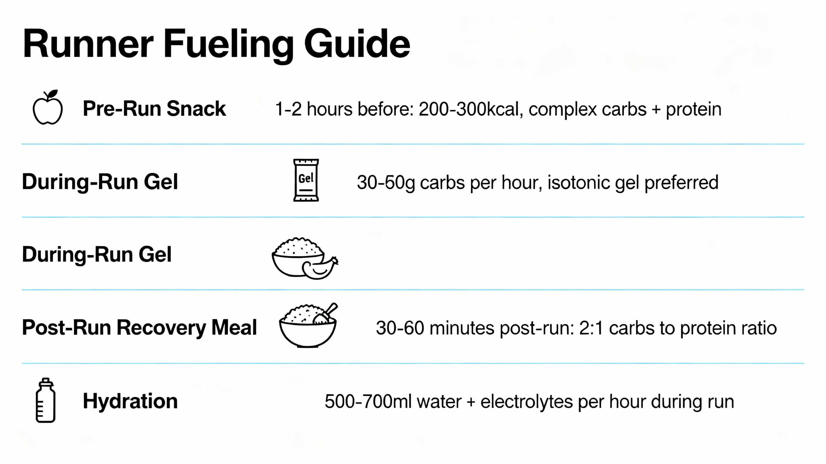 Infographic showing how runners fuel before, during, and after a run using simple icons and clear layout.