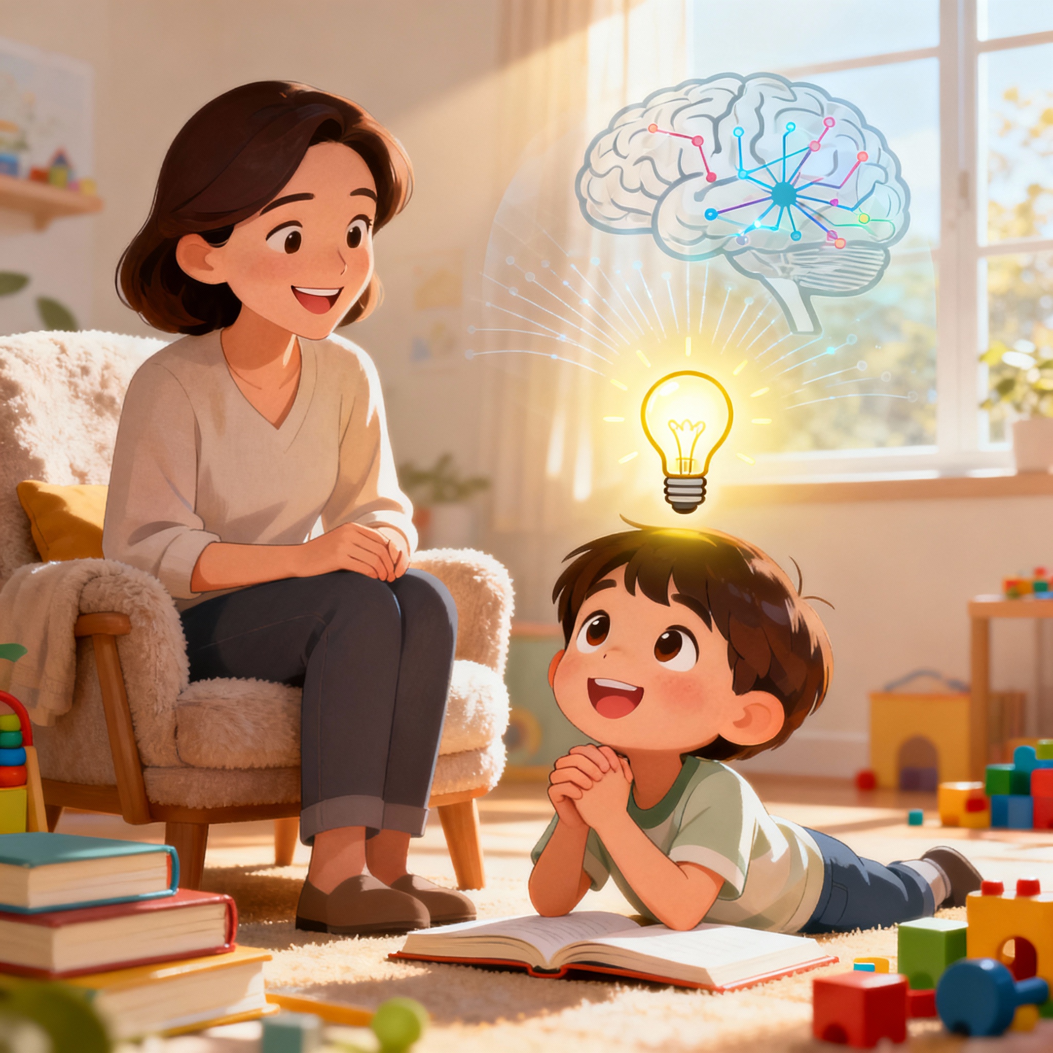 Happy parent answering child questions with learning moments