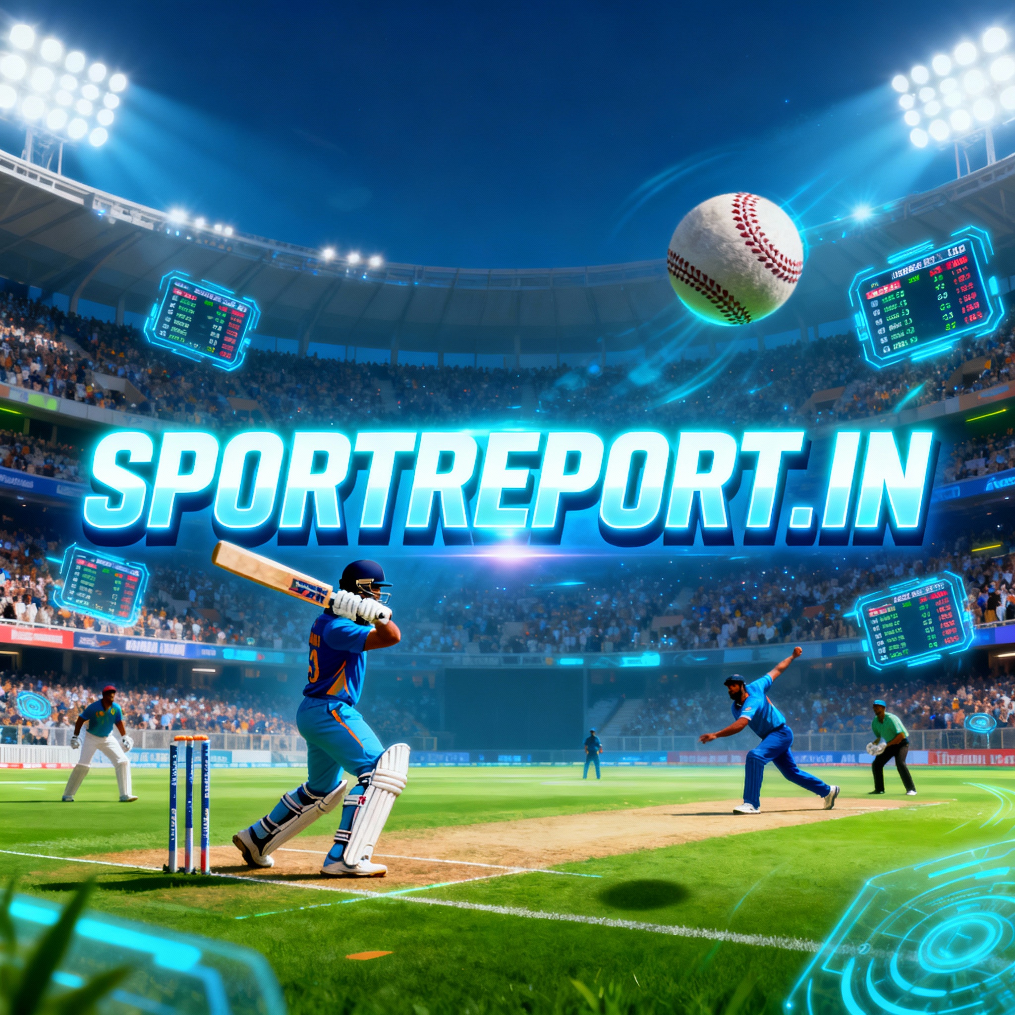 Energetic cricket fantasy flyer with central domain name and cricket imagery for sportreport.in.