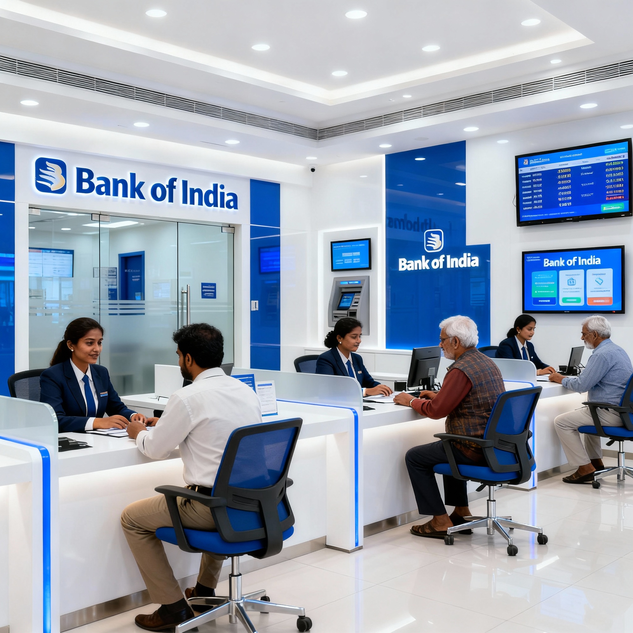 Modern Bank of India branch with digital displays and staff assisting customers.