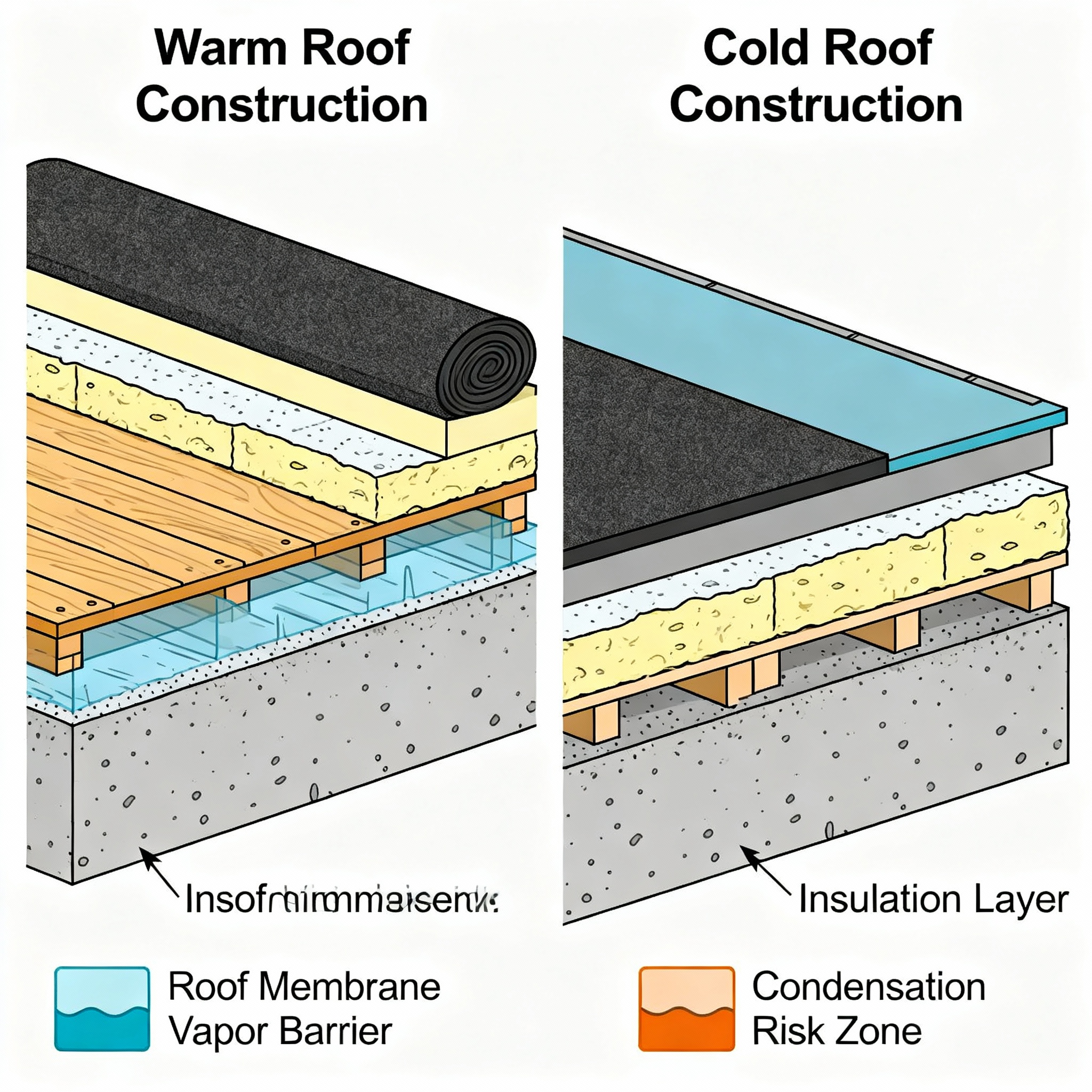 Warm-Roof vs. Cold-Roof Construction Diagram