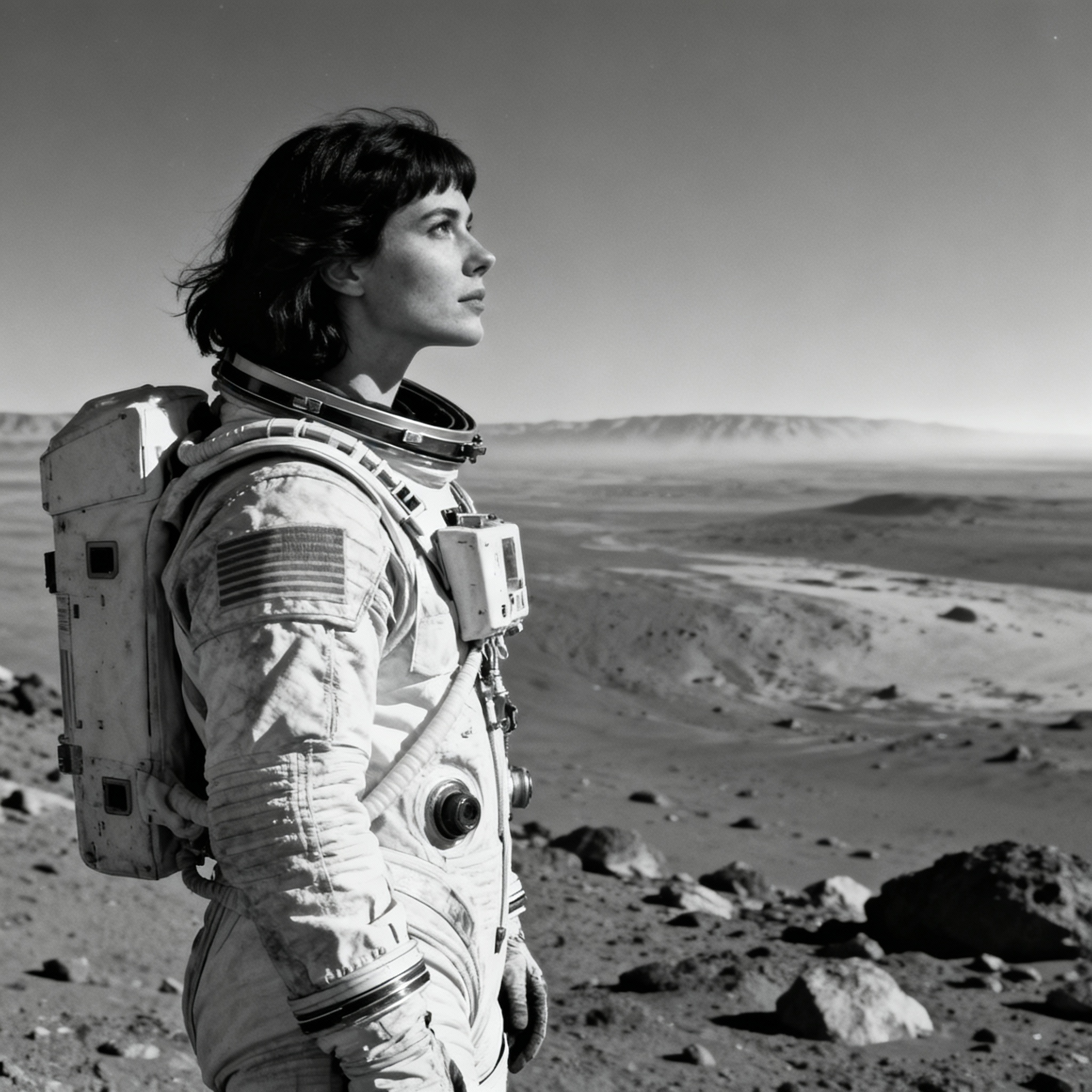 Czarno-biała fotografia: polska astronautka patrzy na Marsa.