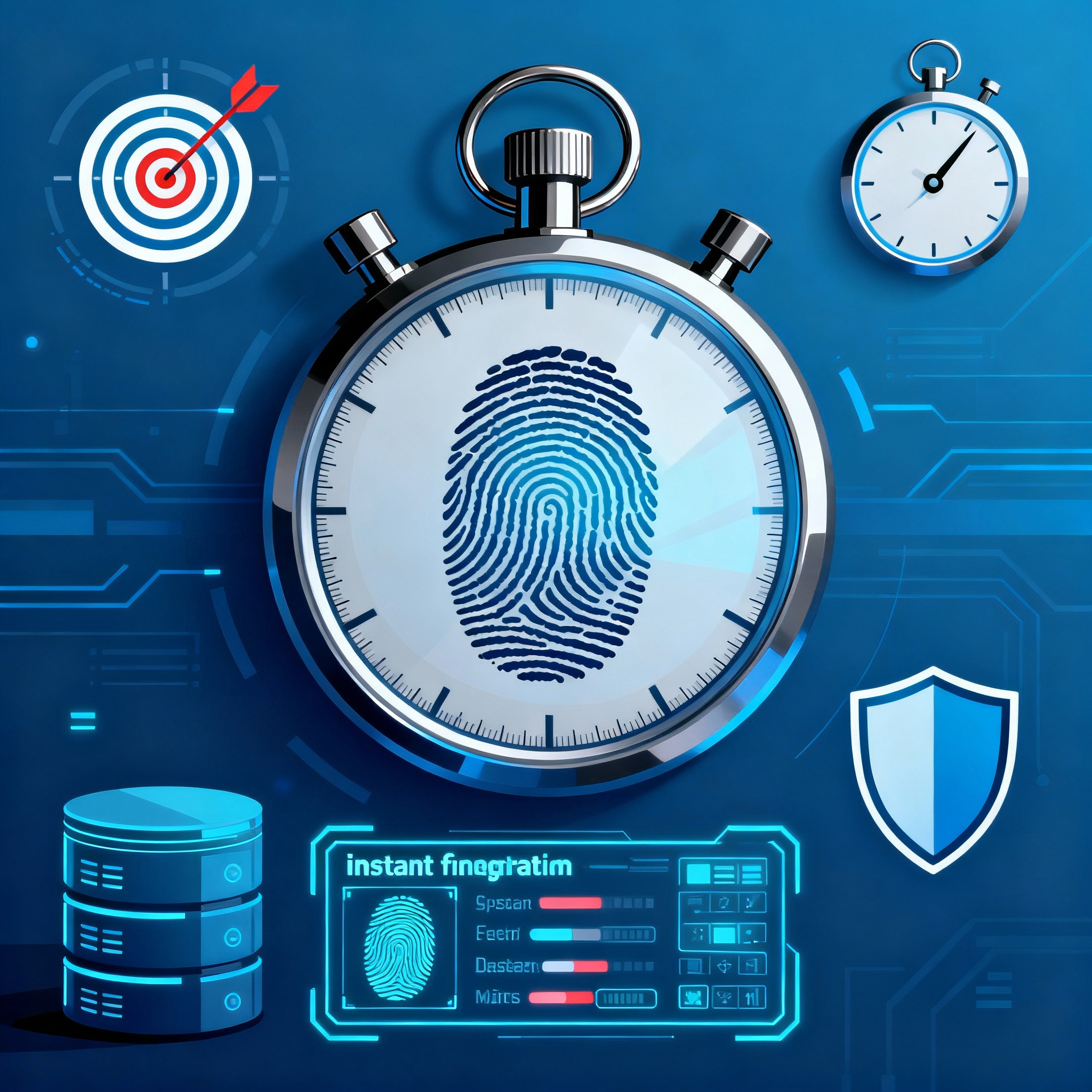 Tech-style graphic merging stopwatch, fingerprint, and digital database with icons for accuracy, speed, and security in blue tones.